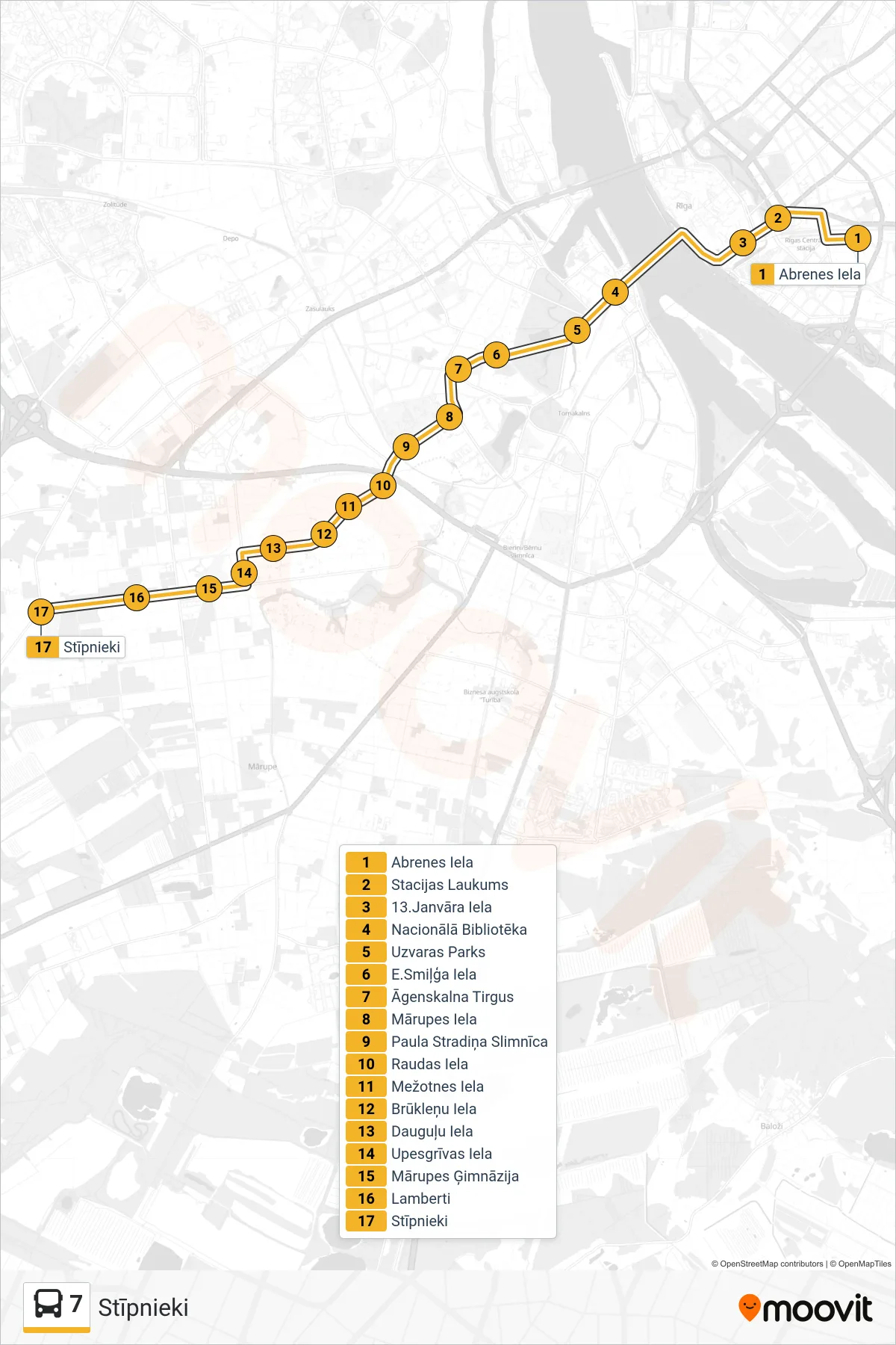 7 bus Line (Stīpnieki) route and stops on a map