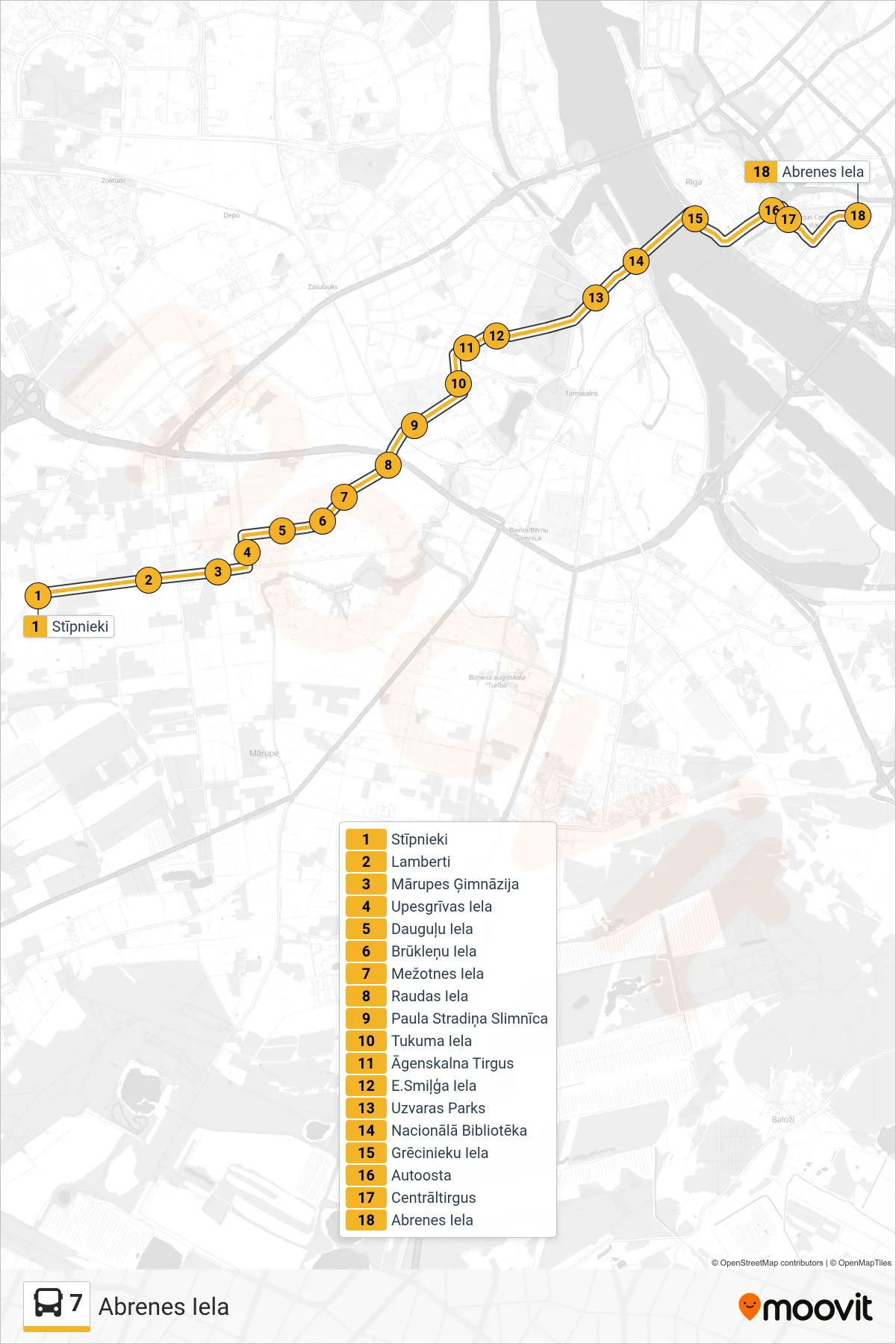 7 bus Line (Abrenes Iela) route and stops on a map