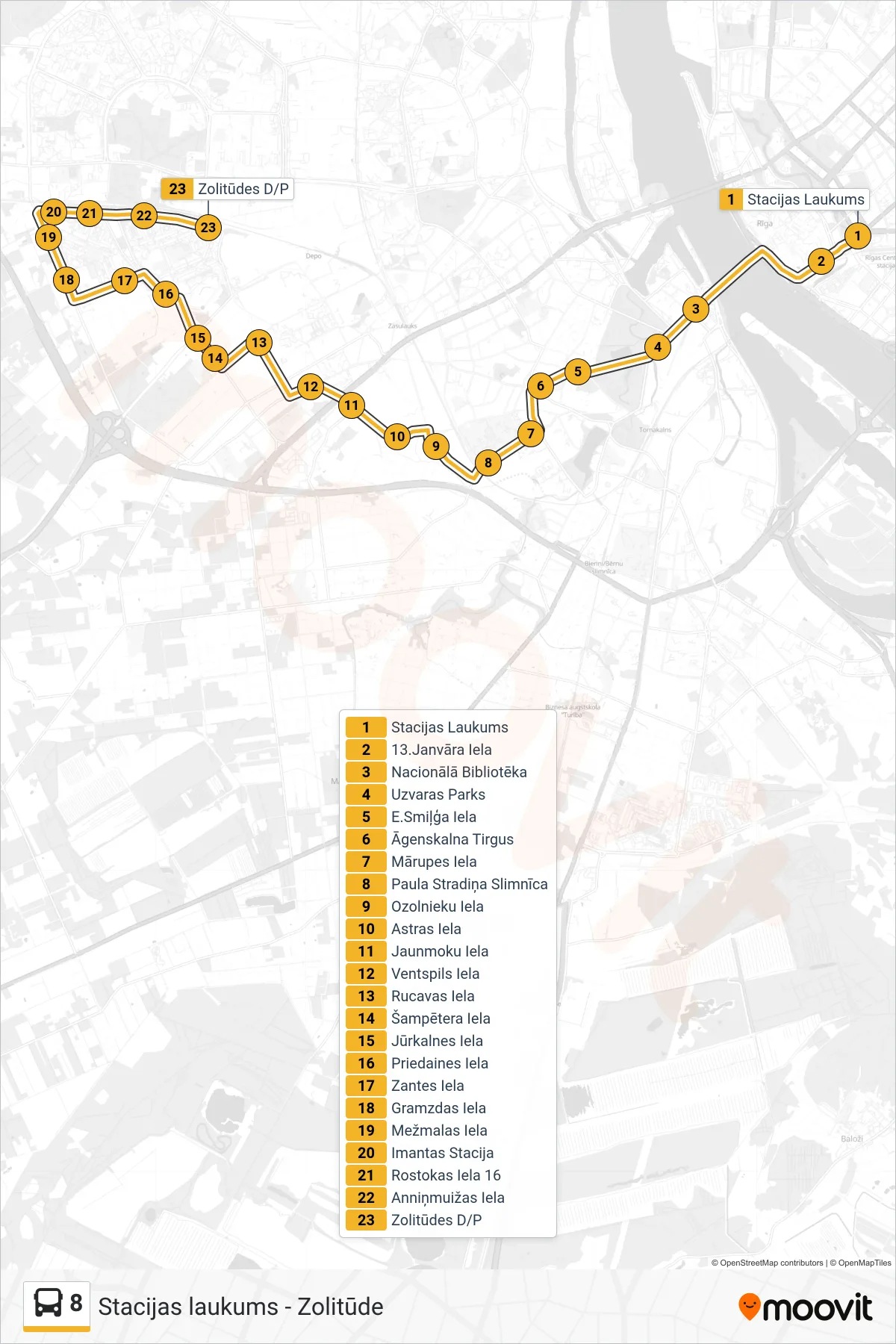 8 bus Line (Zolitūde) route and stops on a map