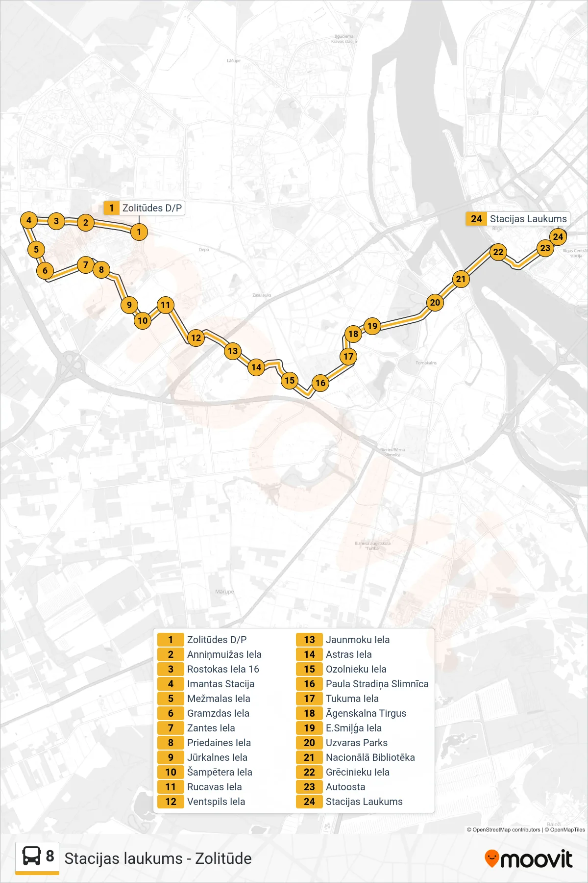8 bus Line (Stacijas Laukums) route and stops on a map