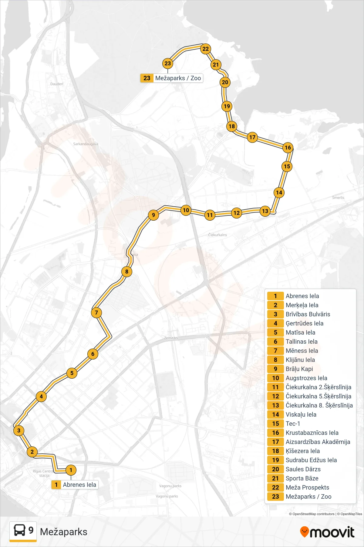 9 bus Line (Mežaparks) route and stops on a map