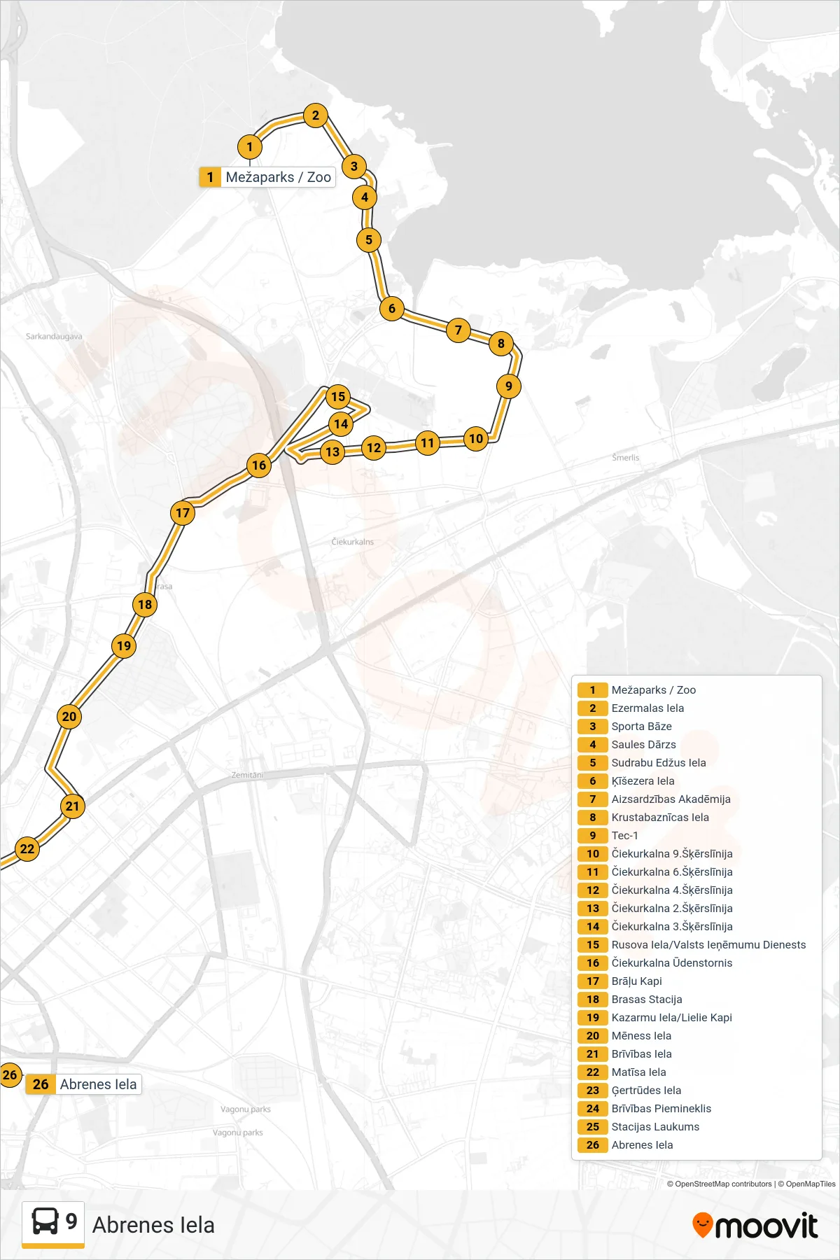 9 bus Line (Abrenes Iela) route and stops on a map
