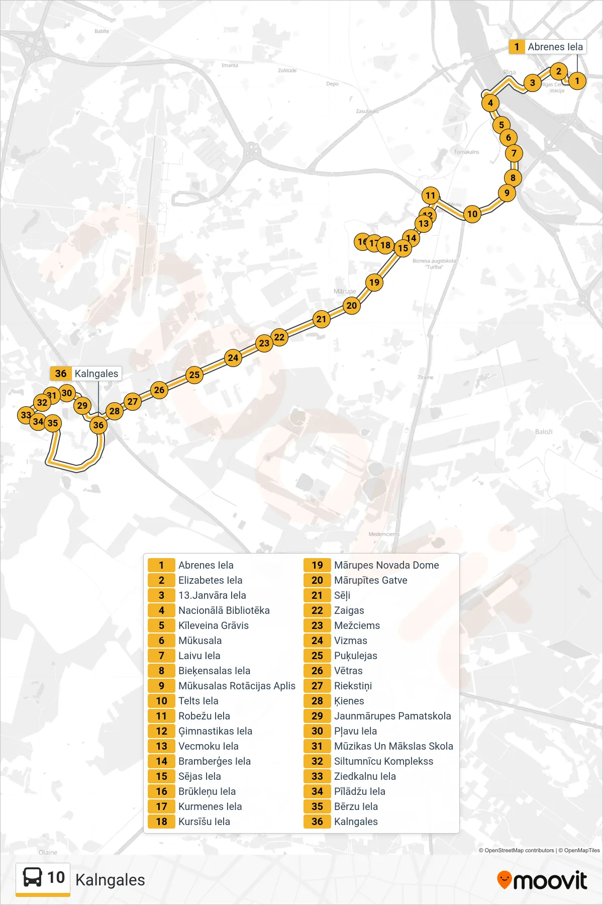 10 bus Line (Kalngales) route and stops on a map