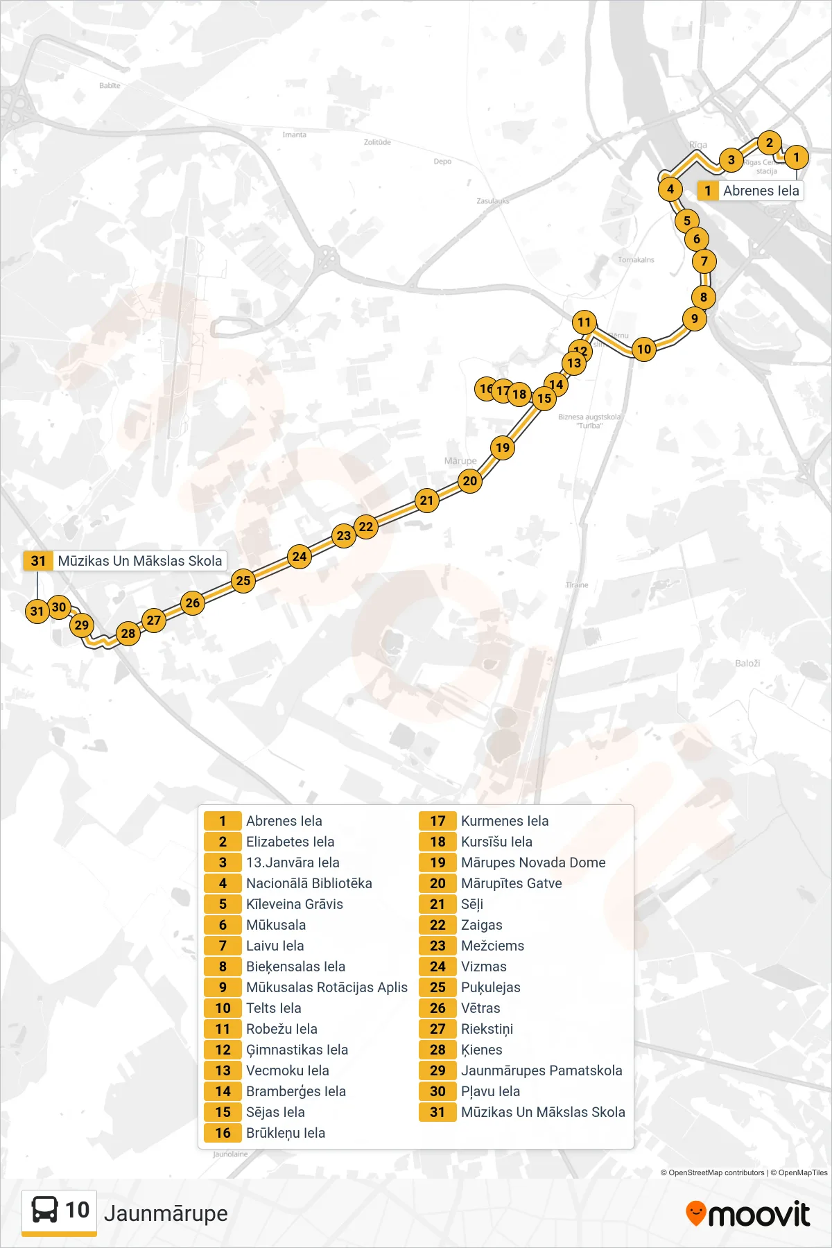 10 bus Line (Jaunmārupe) route and stops on a map