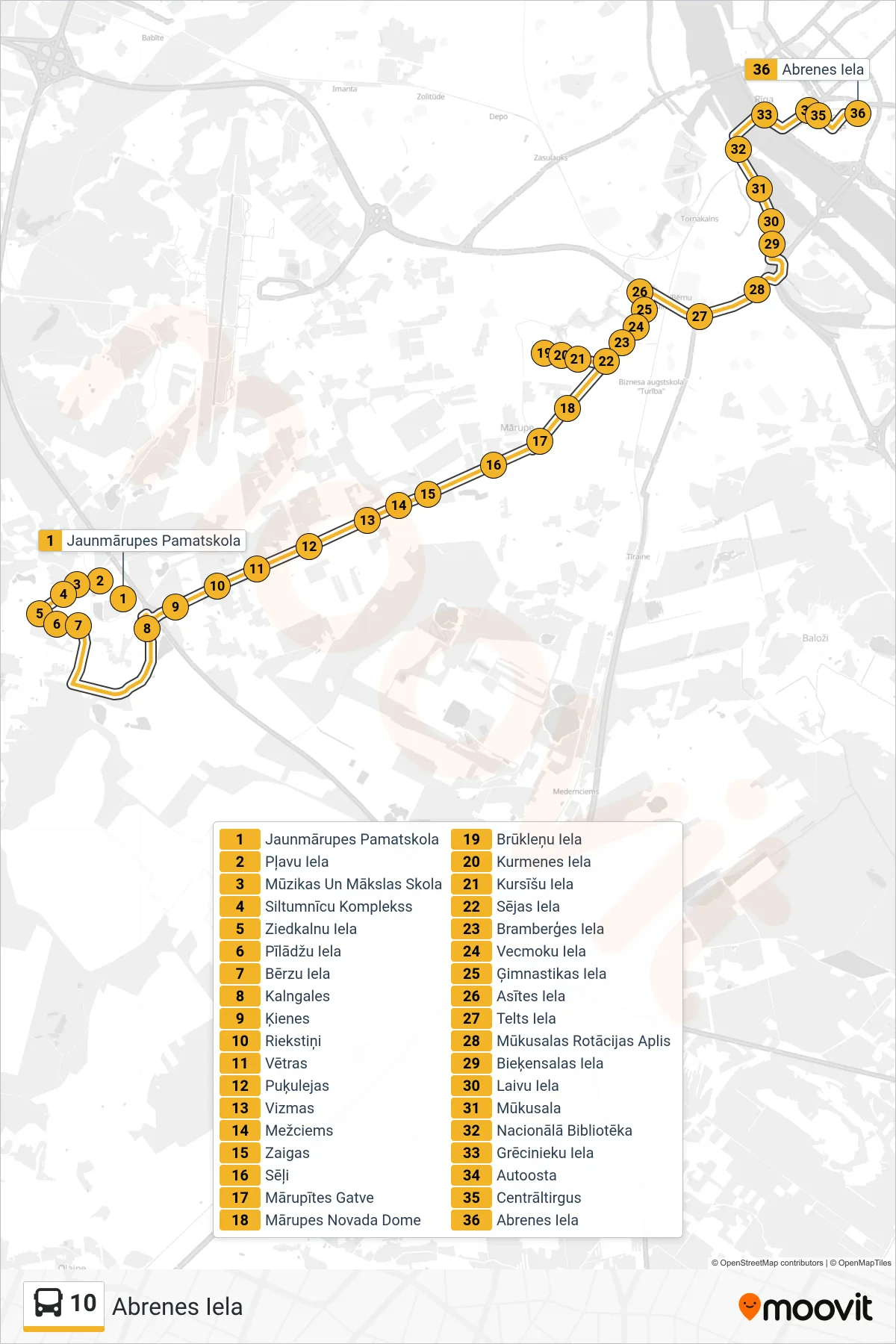 10 bus Line (Abrenes Iela) route and stops on a map