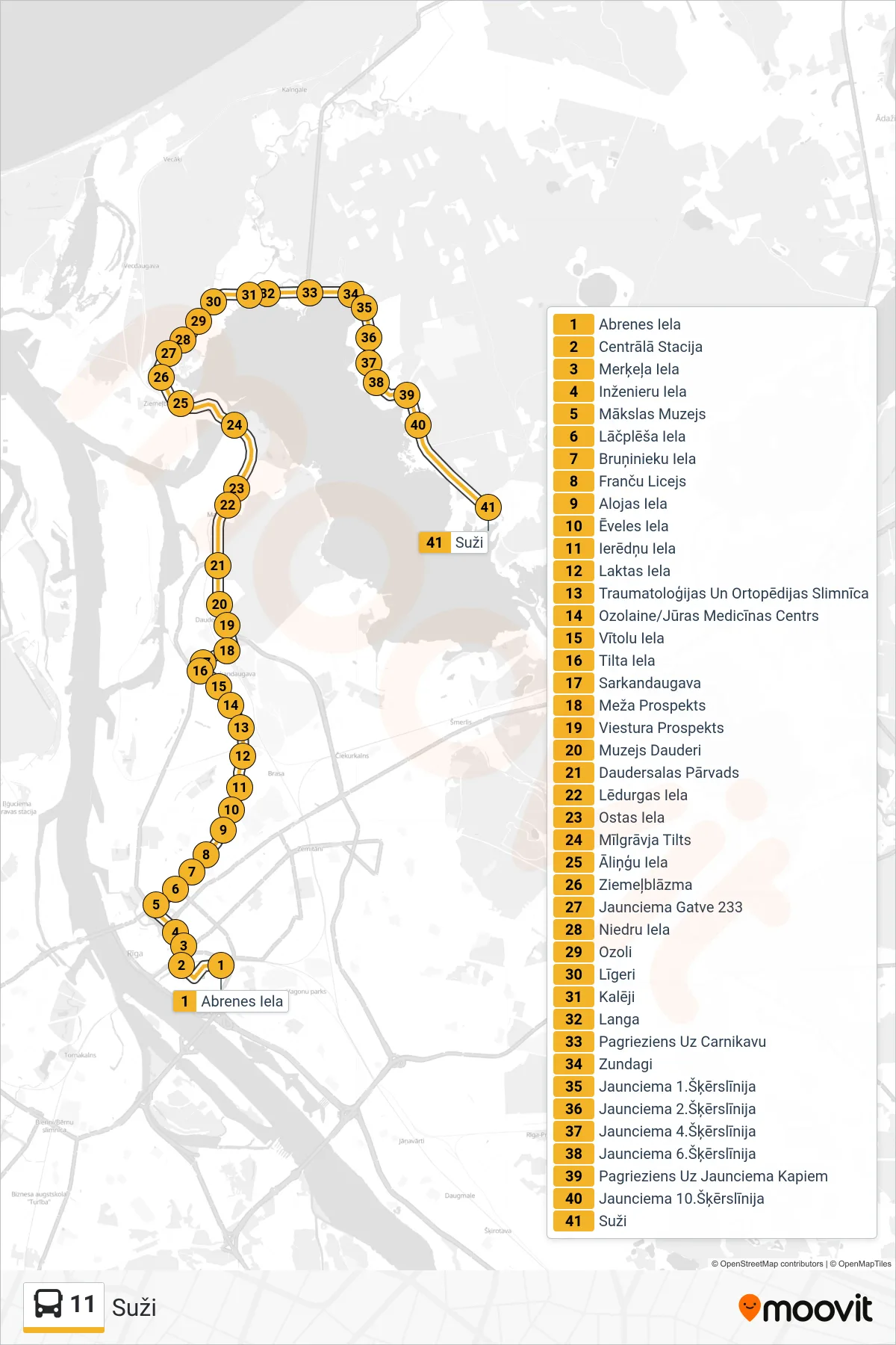 11 bus Line (Suži) route and stops on a map