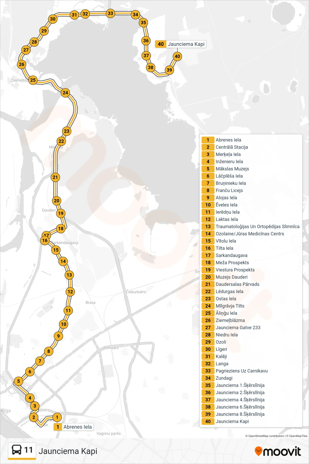 11 bus Line (Jaunciema Kapi) route and stops on a map
