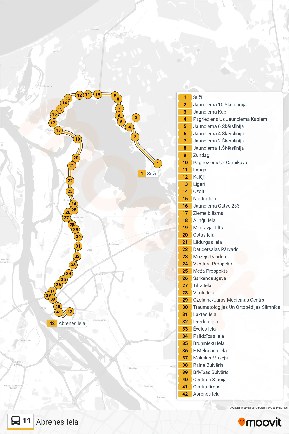 11 bus Line (Abrenes Iela) route and stops on a map