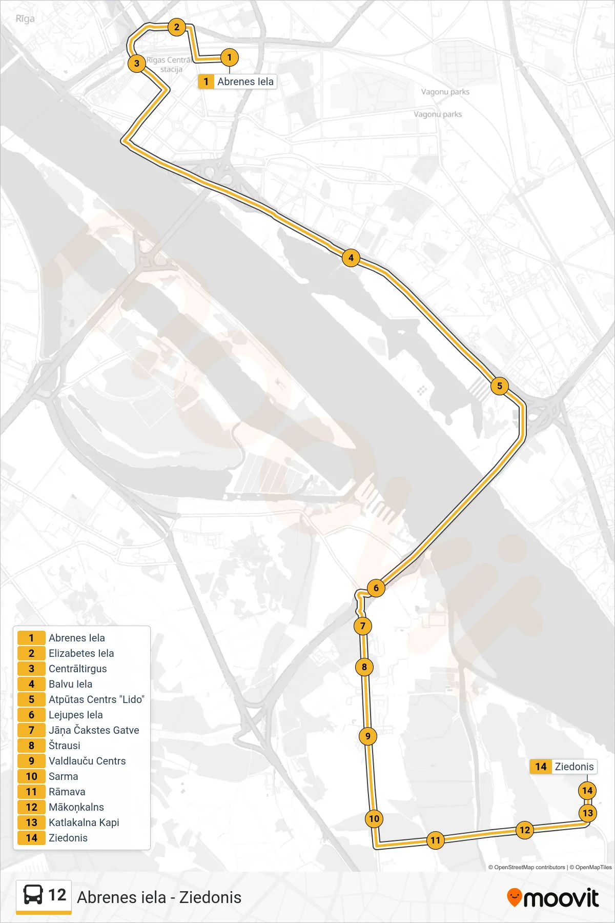 12 bus Line (Ziedonis) route and stops on a map