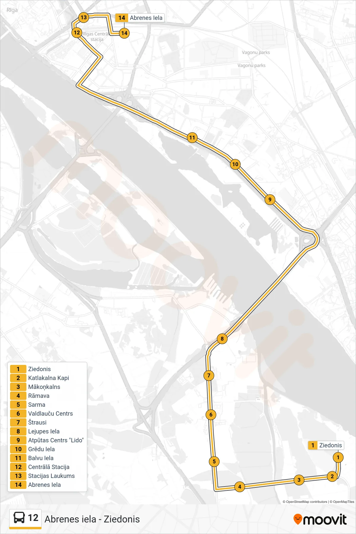 12 bus Line (Abrenes Iela) route and stops on a map