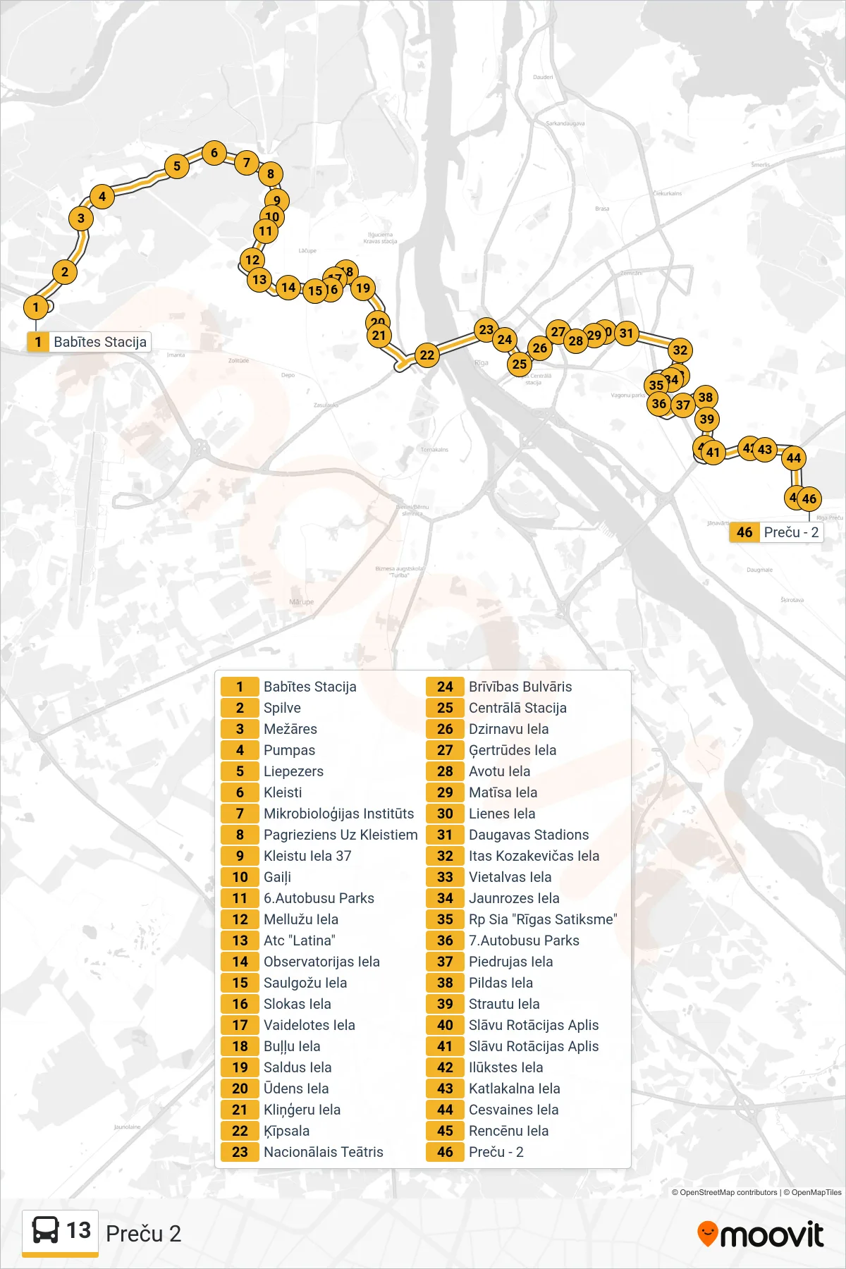 13 bus Line (Preču 2) route and stops on a map