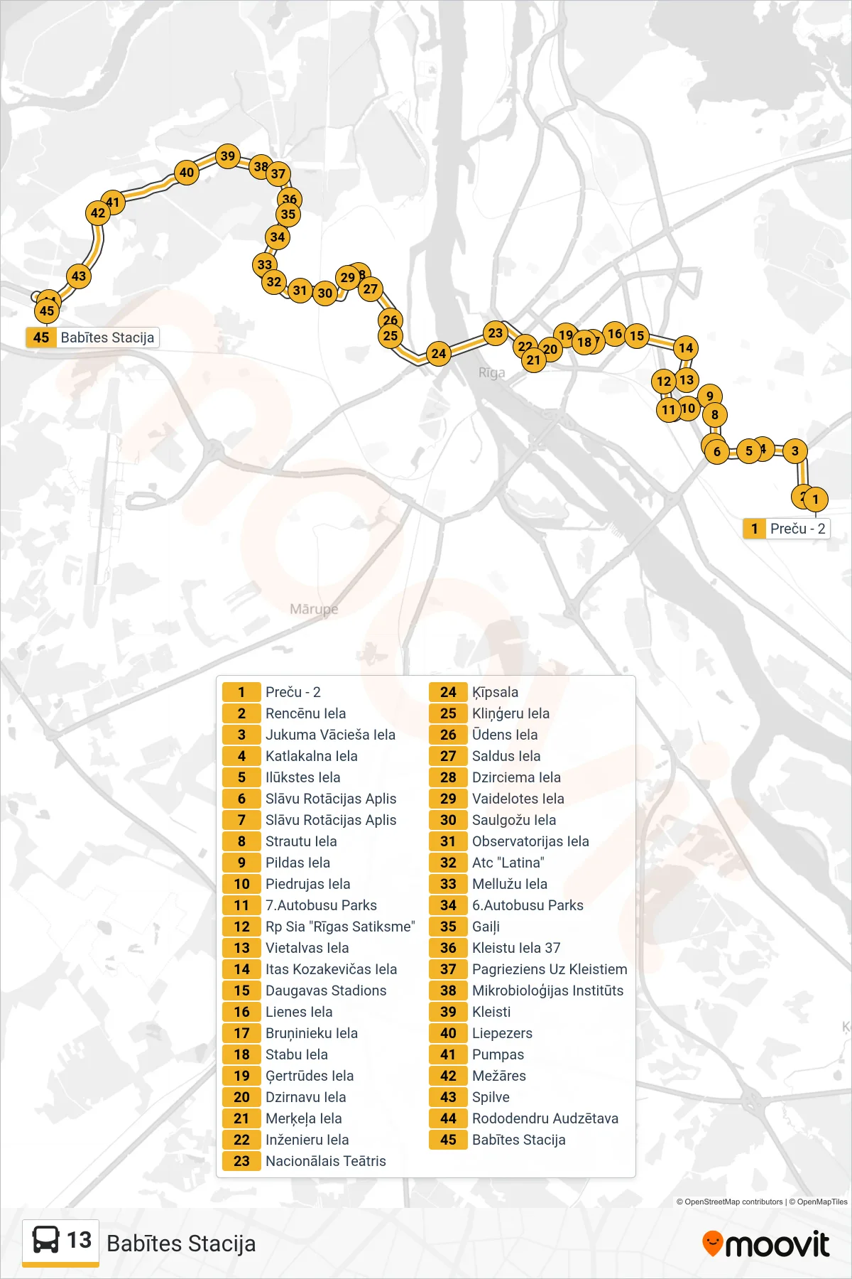 13 bus Line (Babītes Stacija) route and stops on a map