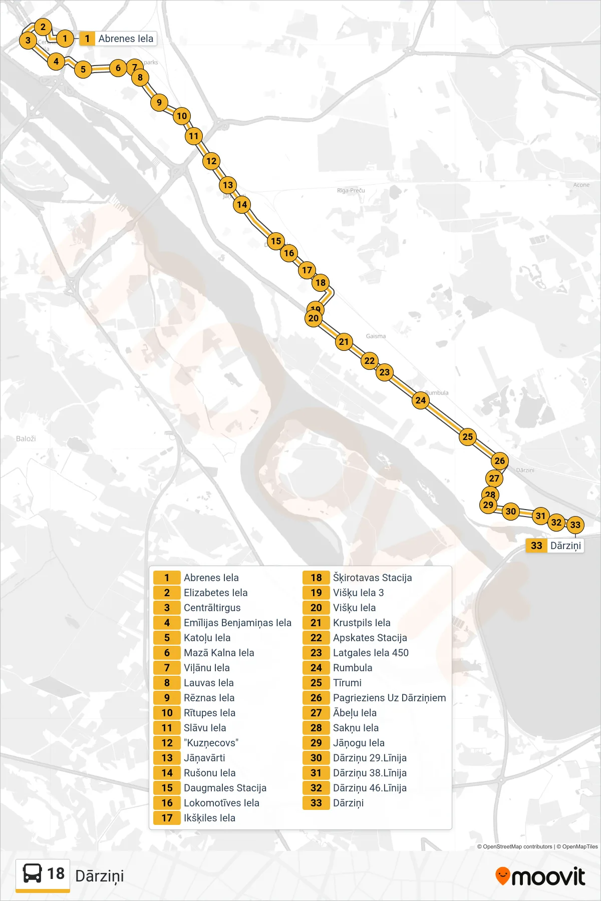 18 bus Line (Dārziņi) route and stops on a map