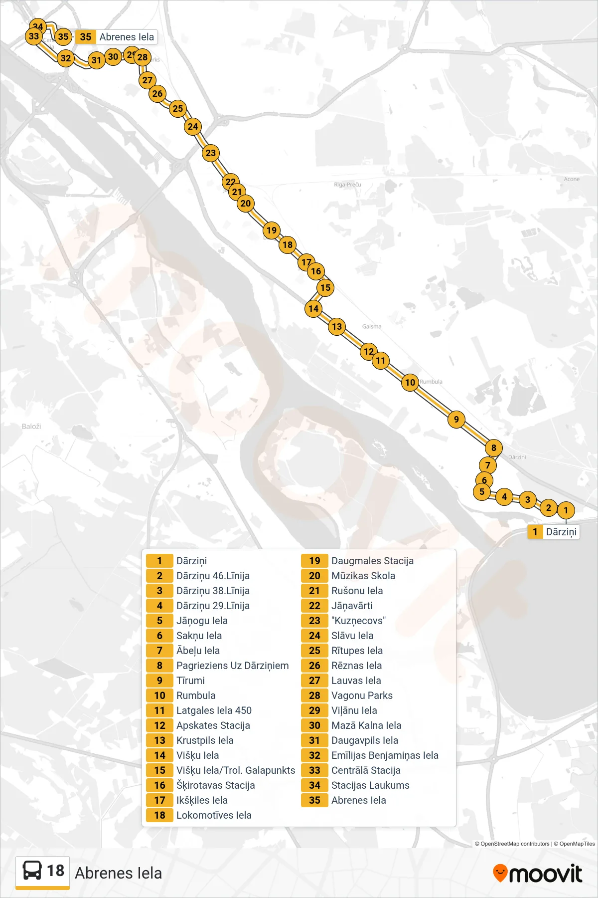 18 bus Line (Abrenes Iela) route and stops on a map