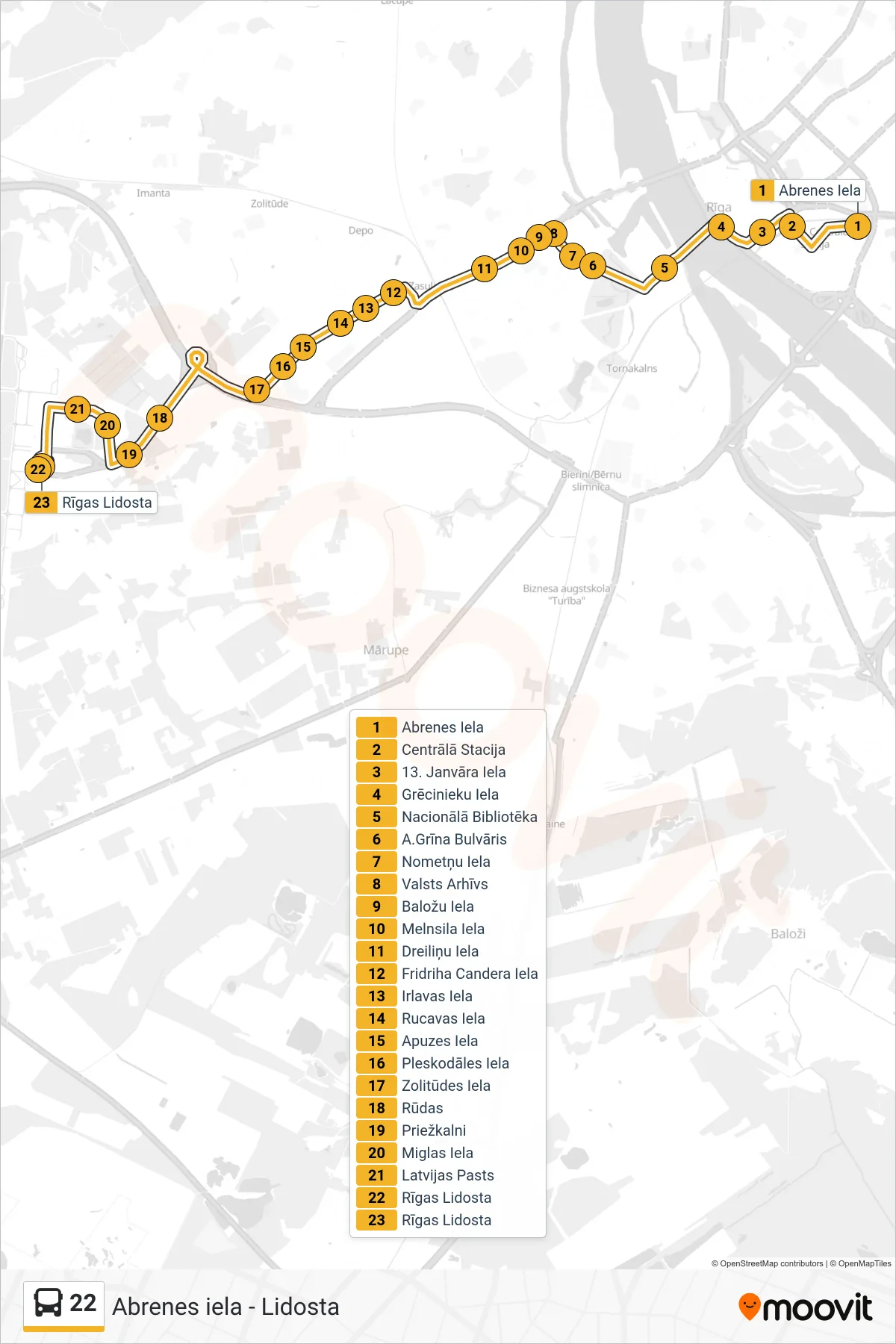 22 bus Line (Lidosta) route and stops on a map
