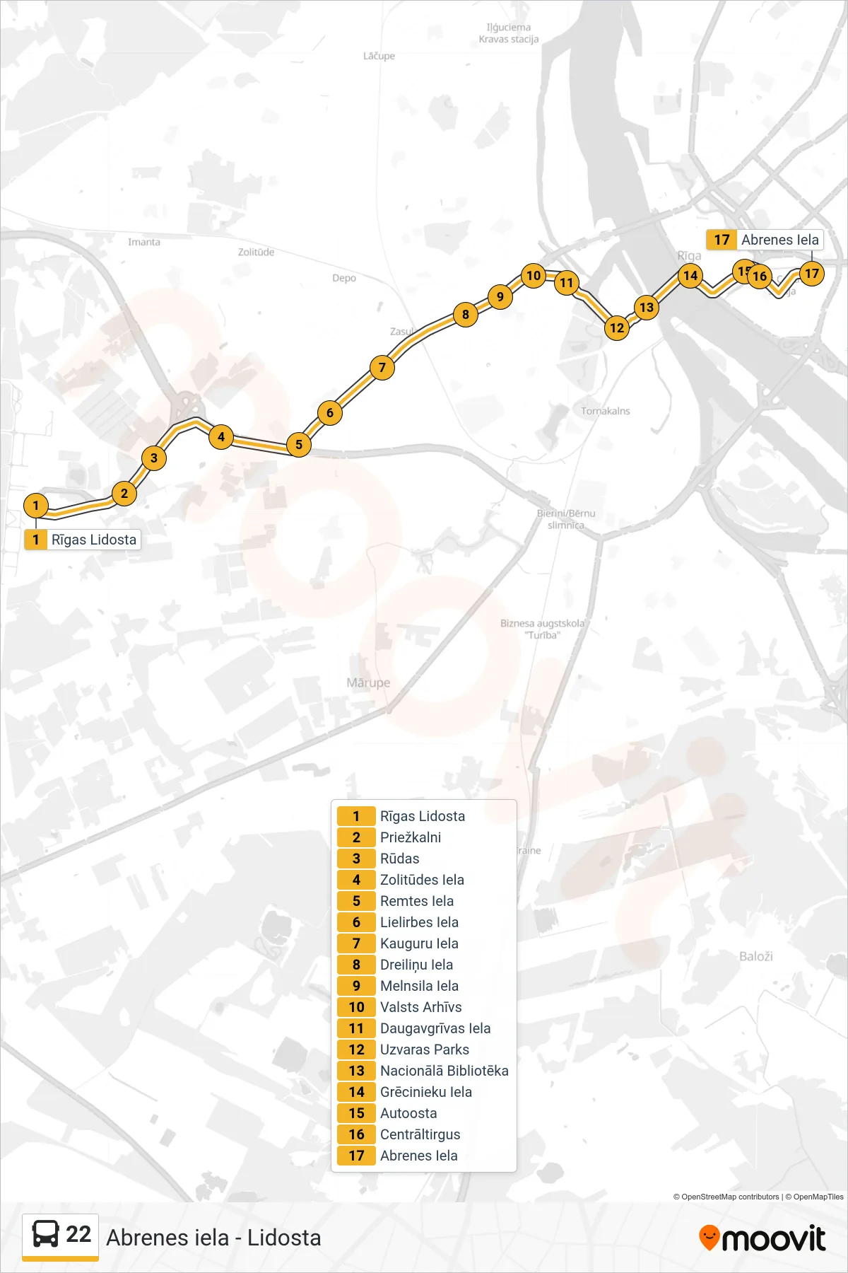 22 bus Line (Abrenes Iela) route and stops on a map