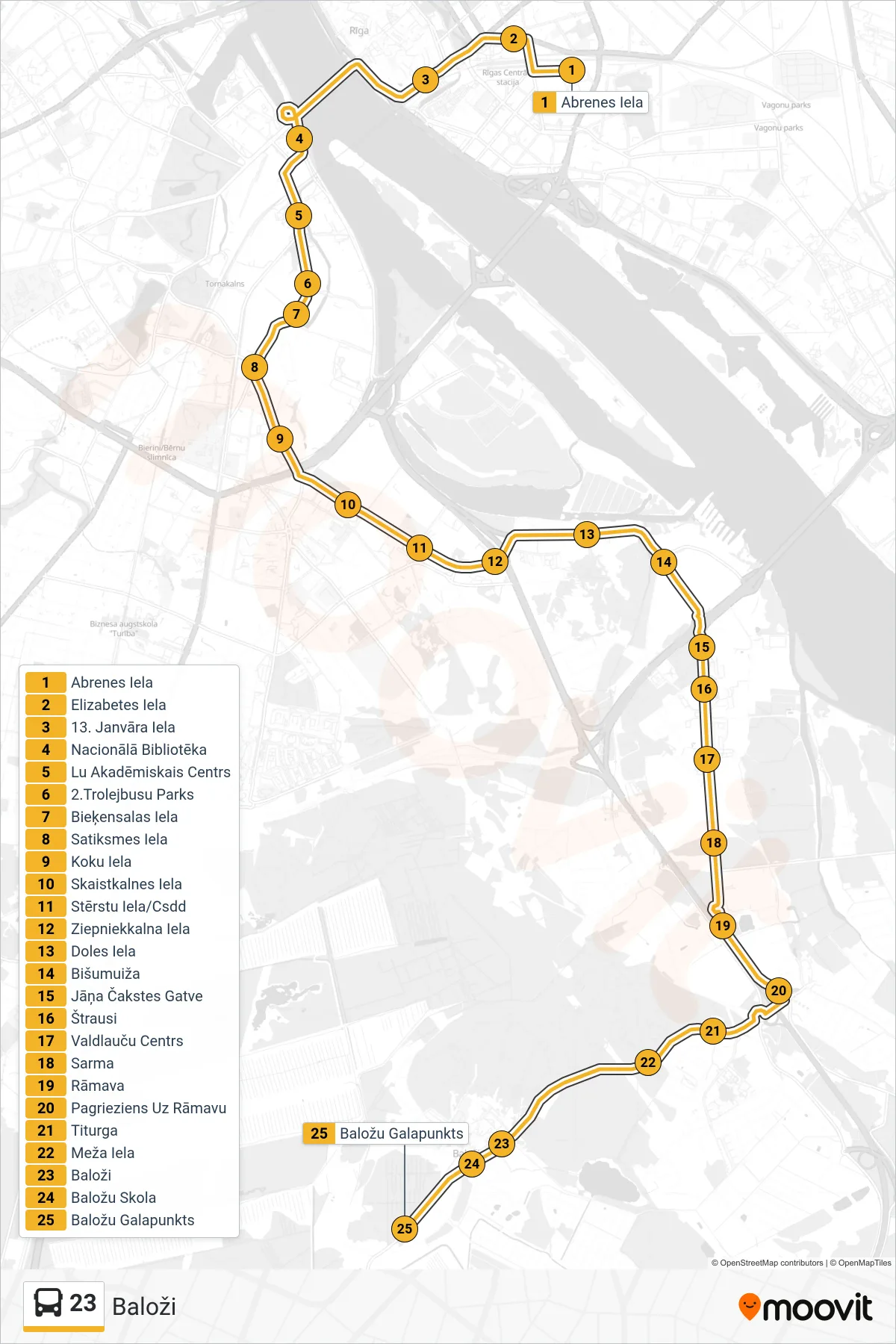 23 bus Line (Baloži) route and stops on a map