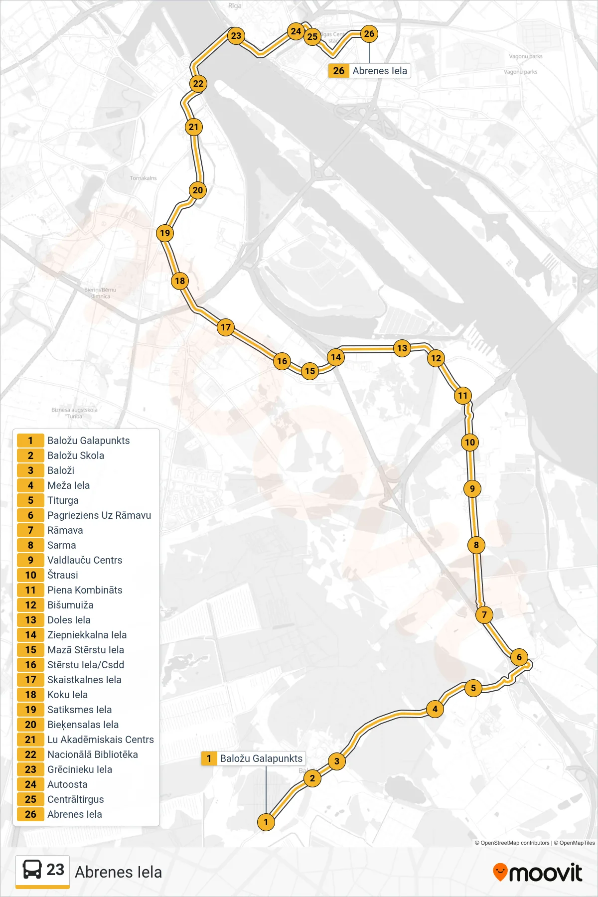 23 bus Line (Abrenes Iela) route and stops on a map