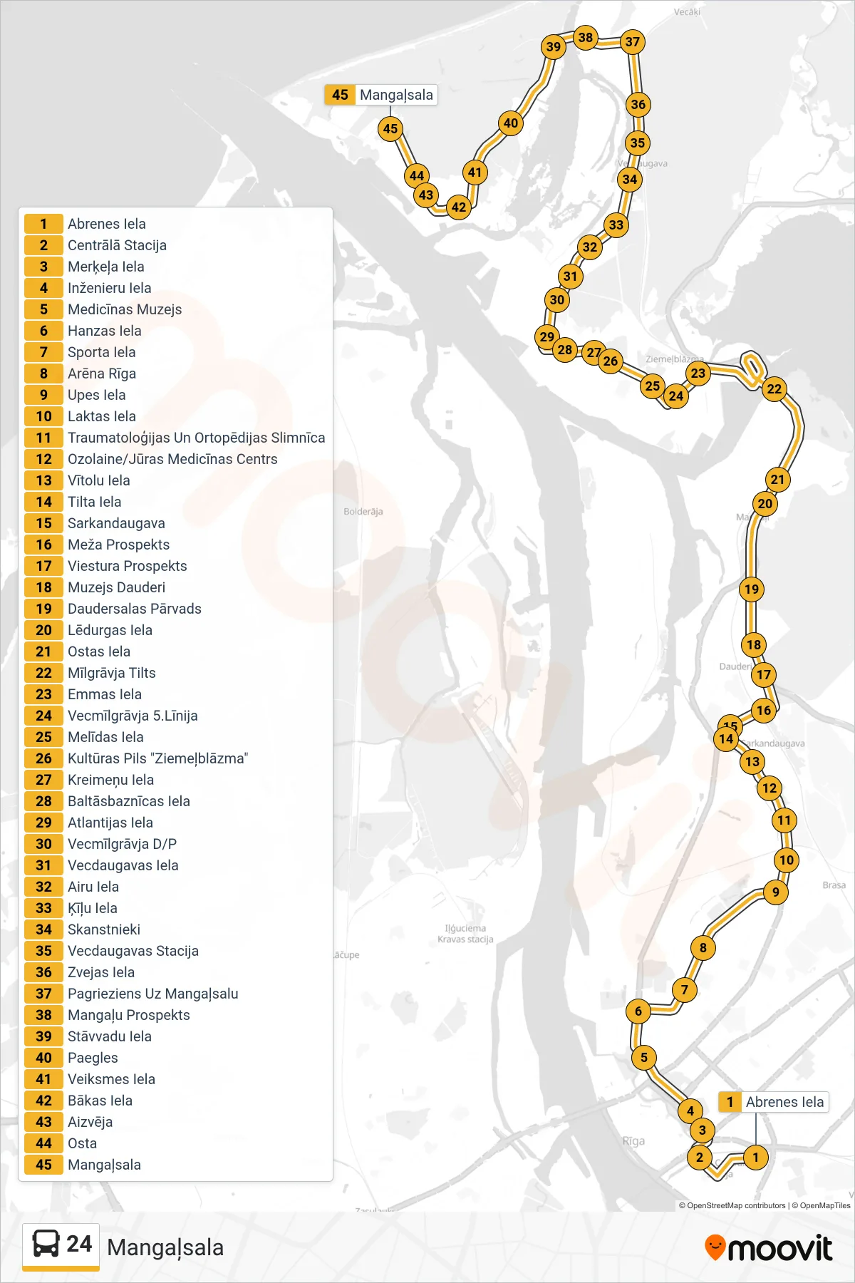 24 bus Line (Mangaļsala) route and stops on a map