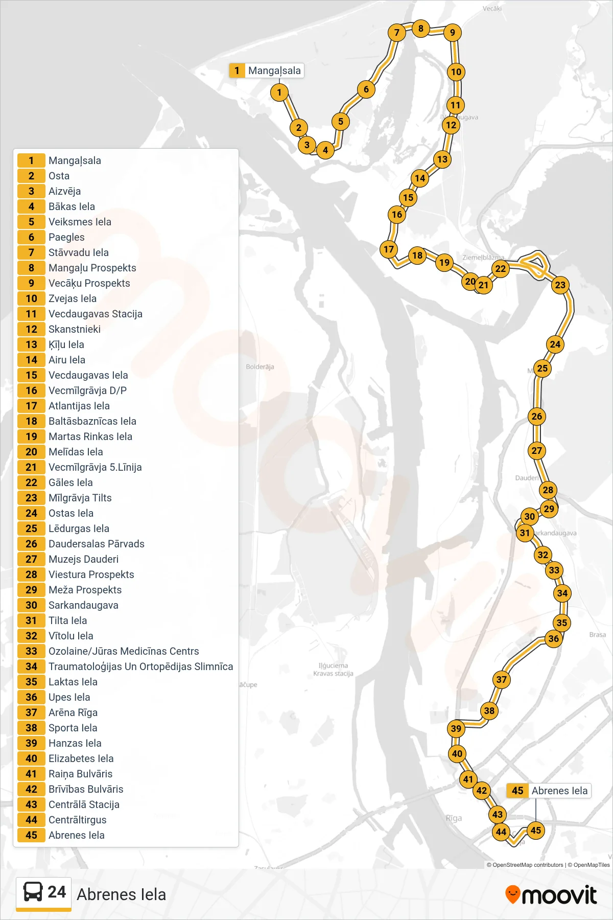 24 bus Line (Abrenes Iela) route and stops on a map
