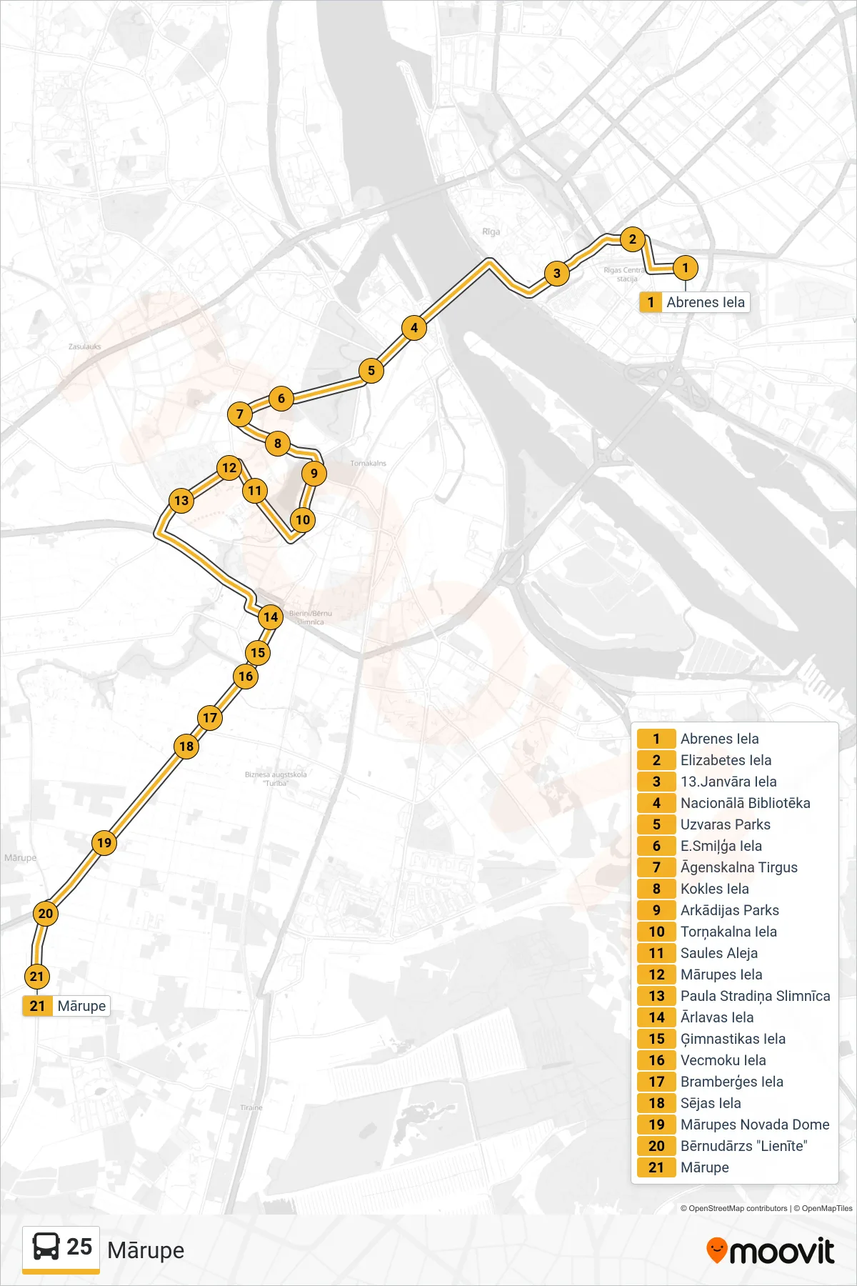 25 bus Line (Mārupe) route and stops on a map