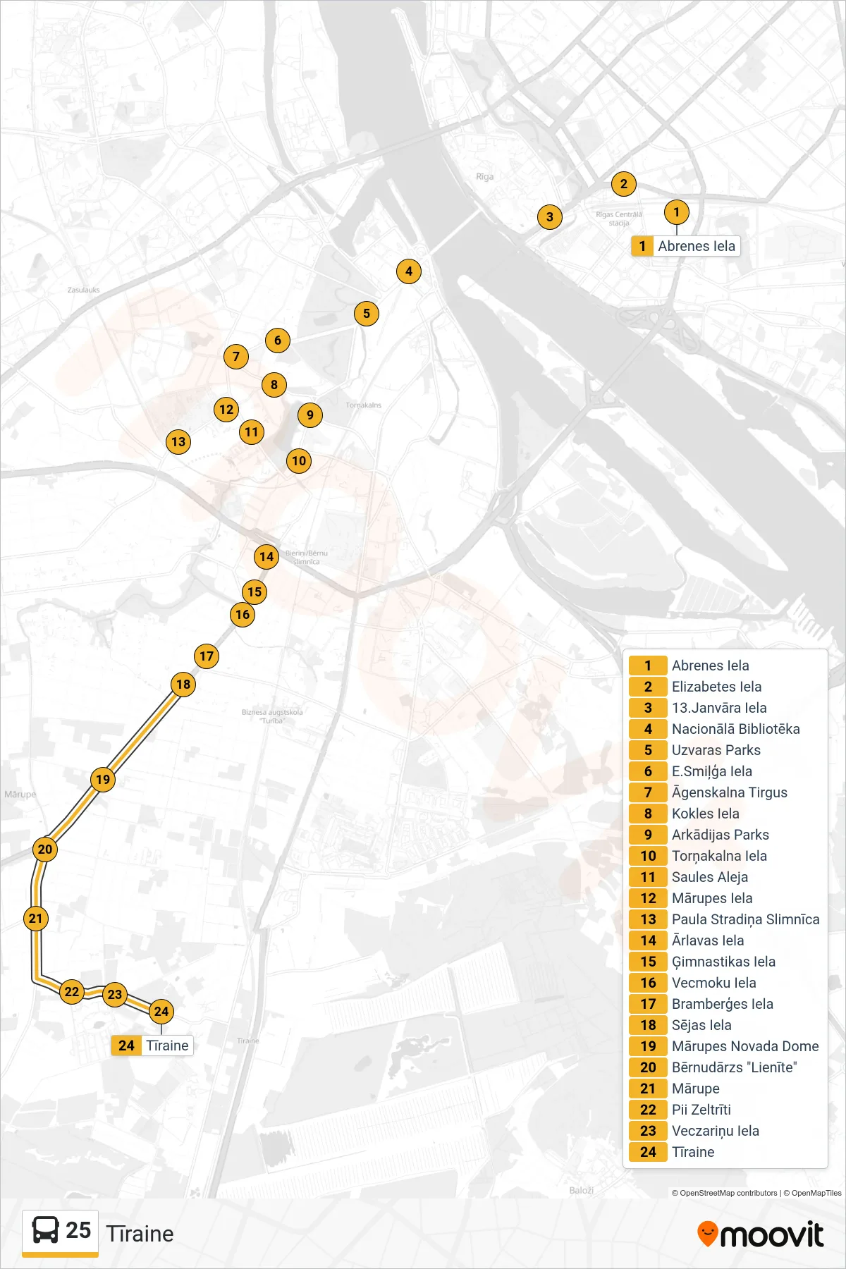 25 bus Line (Tīraine) route and stops on a map