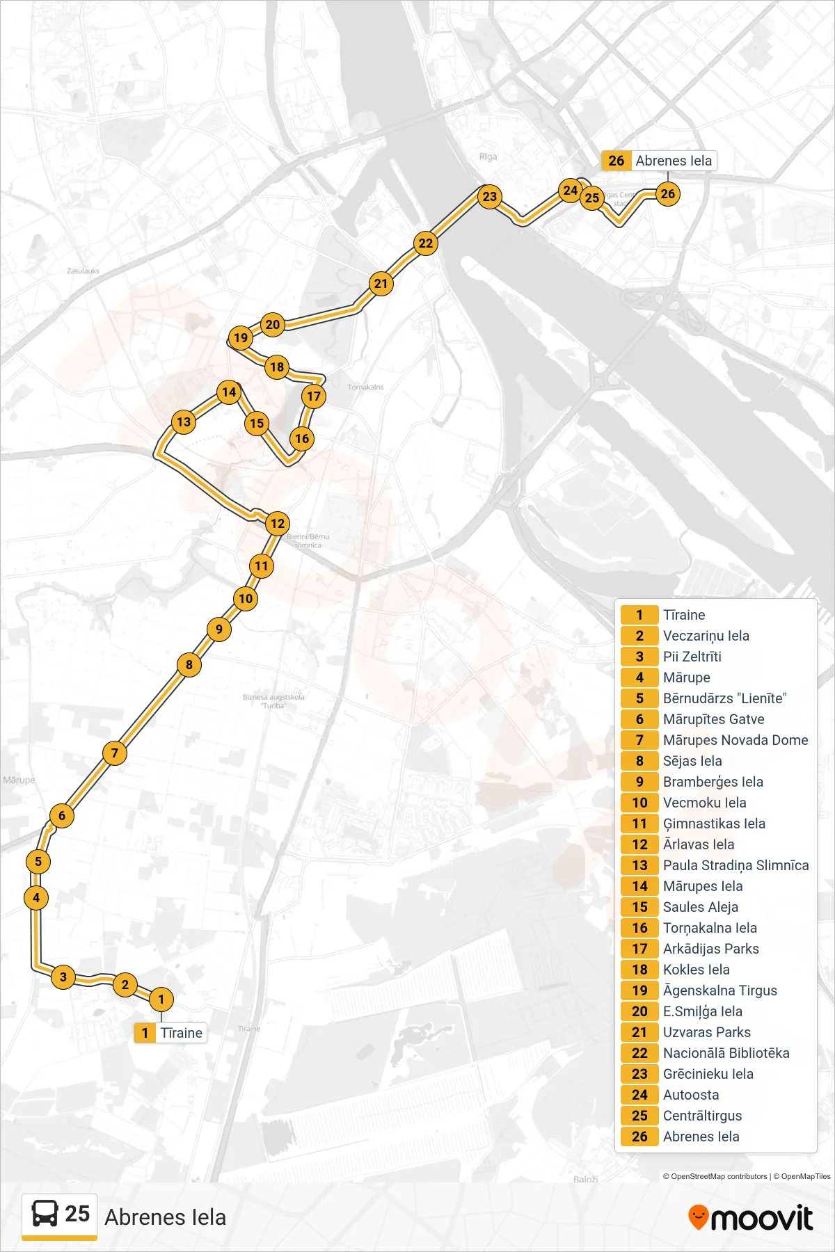 25 bus Line (Abrenes Iela) route and stops on a map
