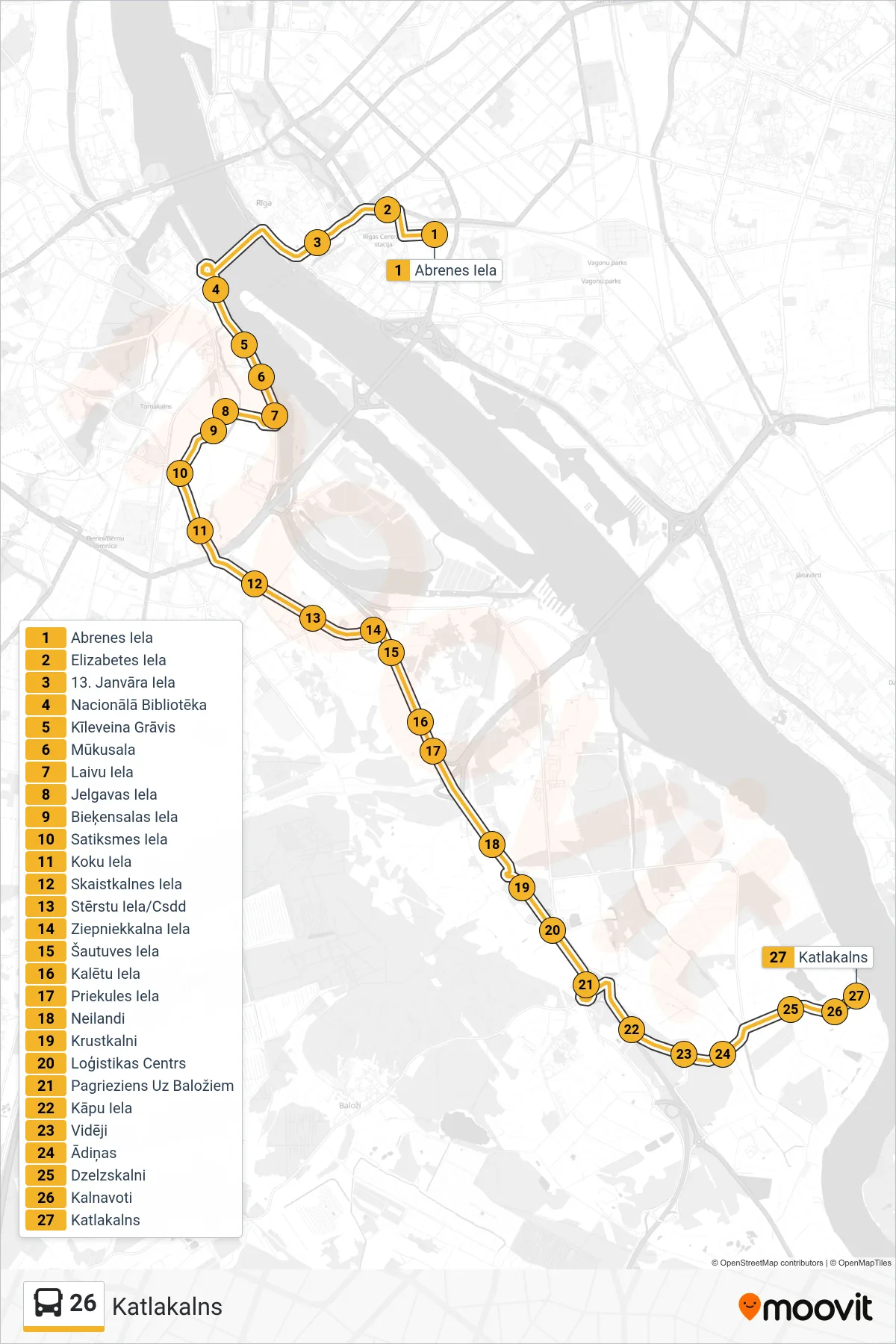 26 bus Line (Katlakalns) route and stops on a map