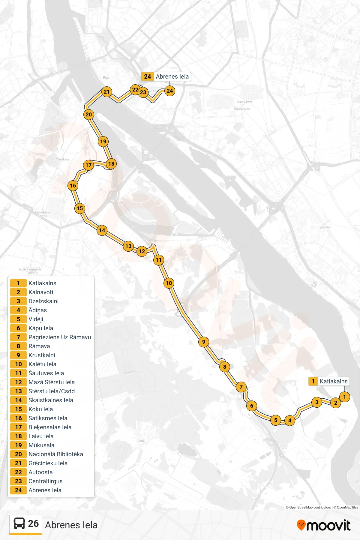26 bus Line (Abrenes Iela) route and stops on a map