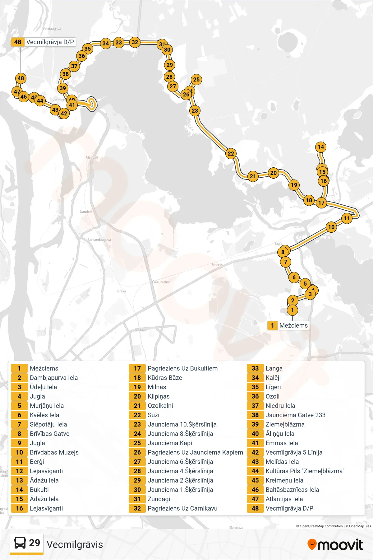 29 bus Line (Vecmīlgrāvis) route and stops on a map
