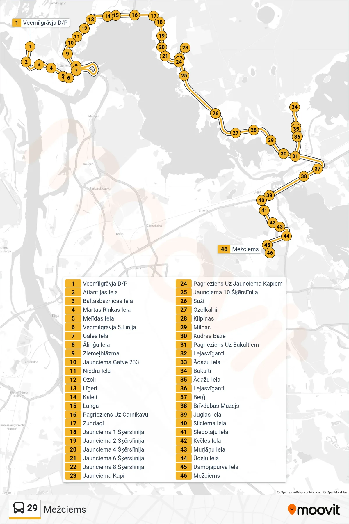 29 bus Line (Mežciems) route and stops on a map