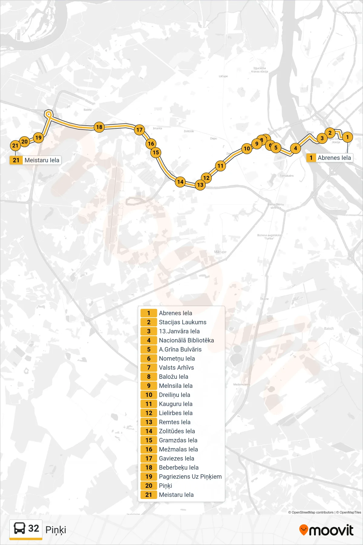 32 bus Line (Piņķi) route and stops on a map