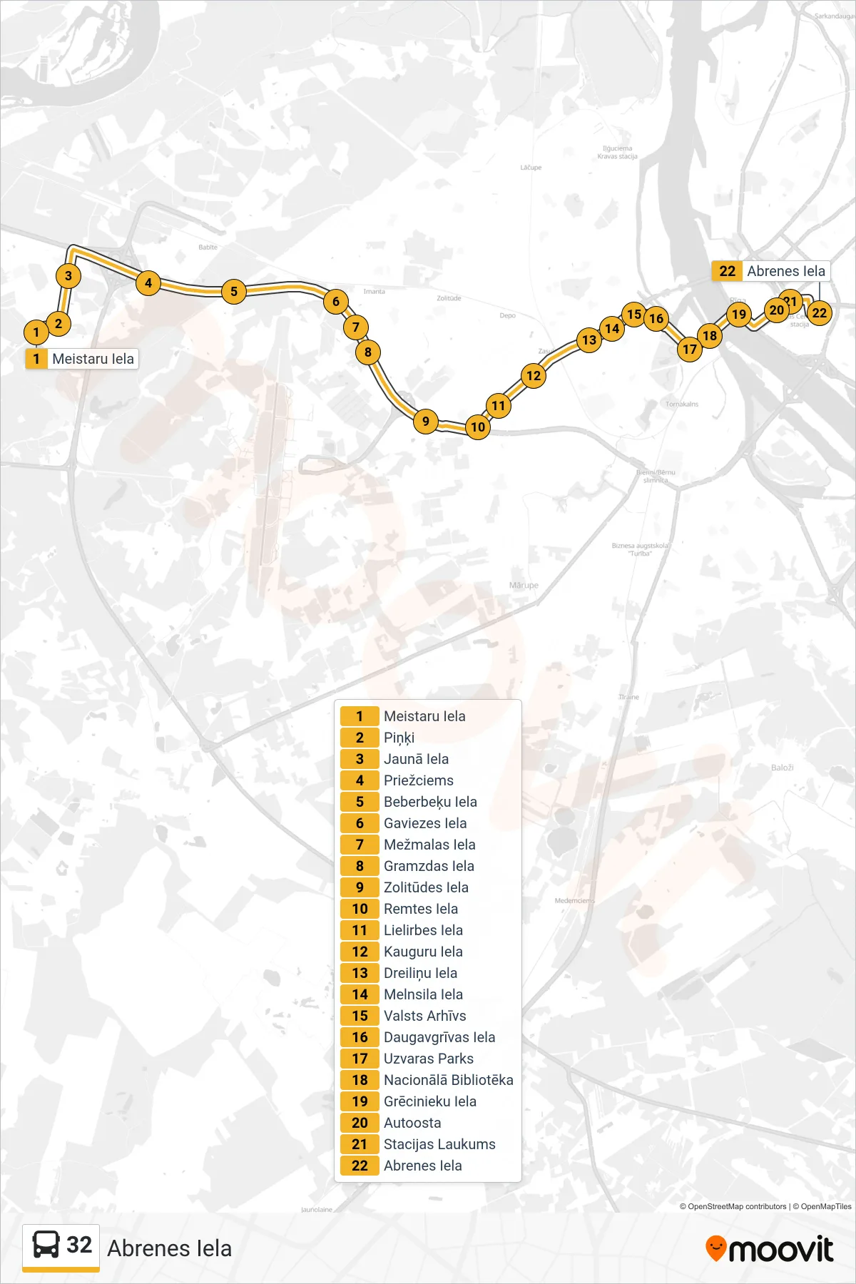 32 bus Line (Abrenes Iela) route and stops on a map
