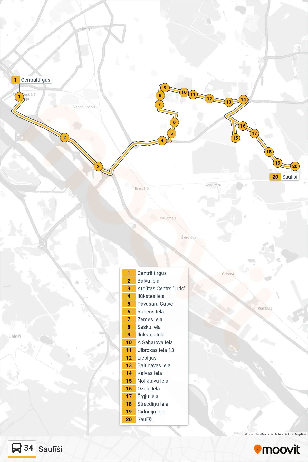 34 bus Line (Saulīši) route and stops on a map