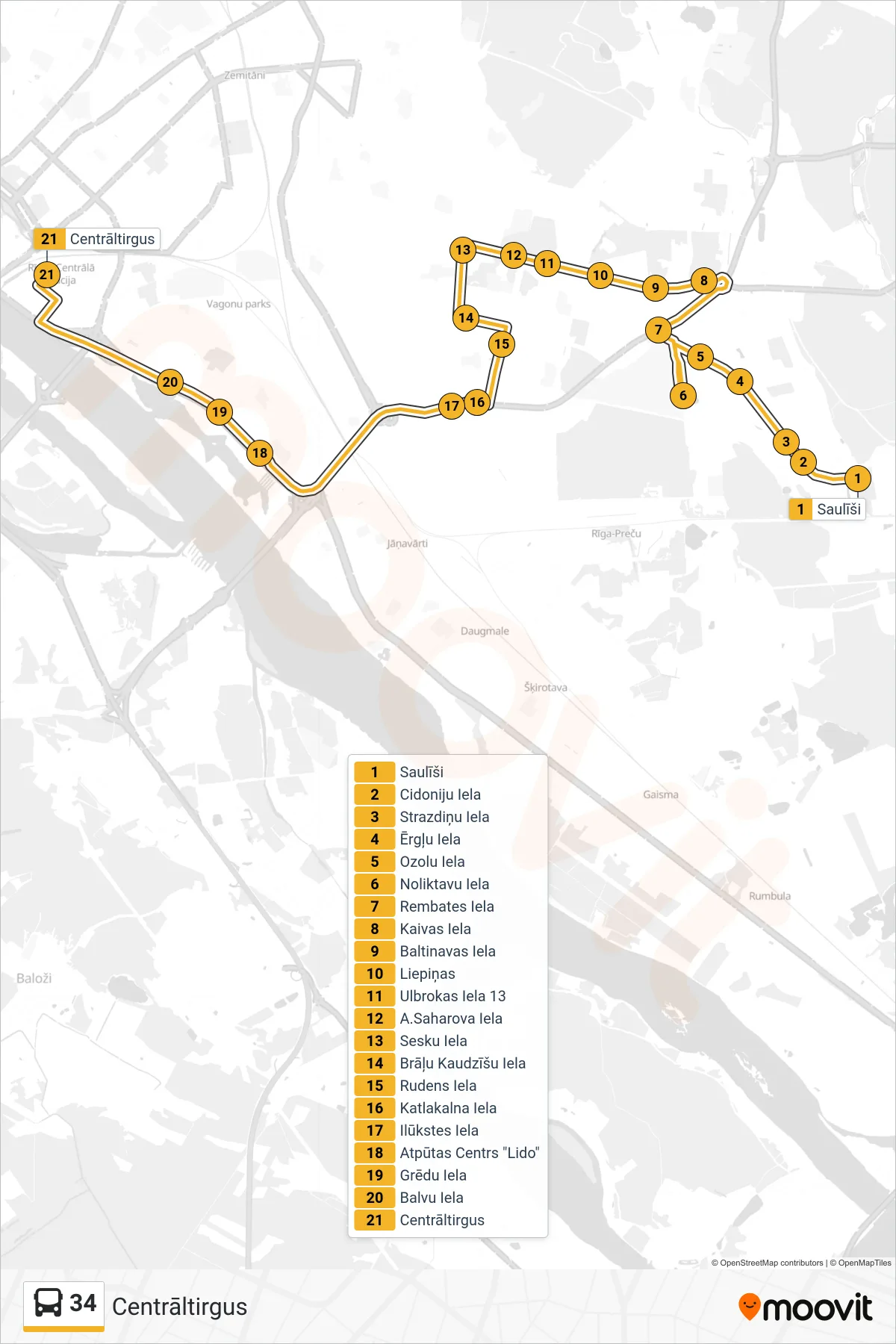34 bus Line (Centrāltirgus) route and stops on a map