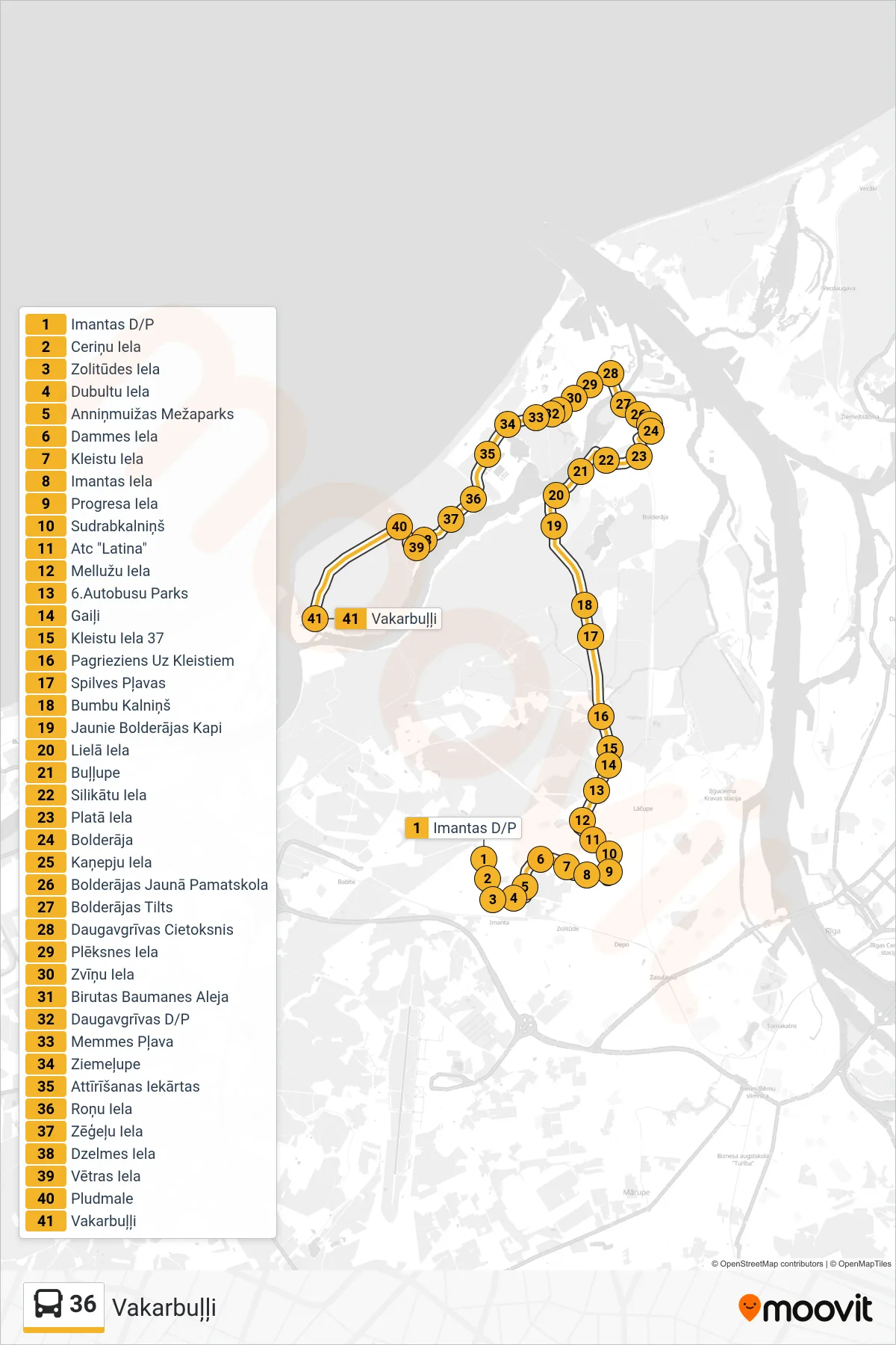 36 bus Line (Vakarbuļļi) route and stops on a map