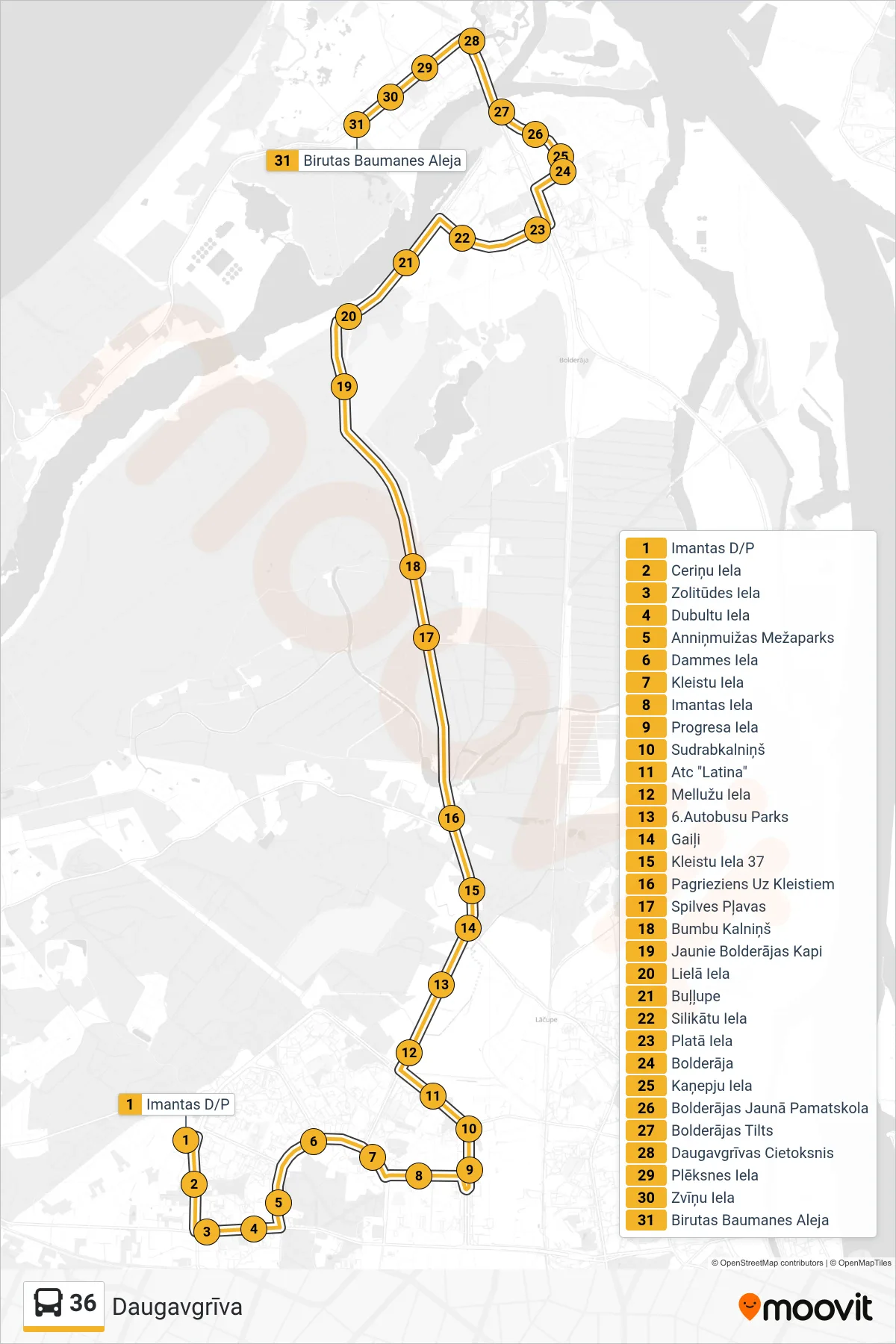36 bus Line (Daugavgrīva) route and stops on a map