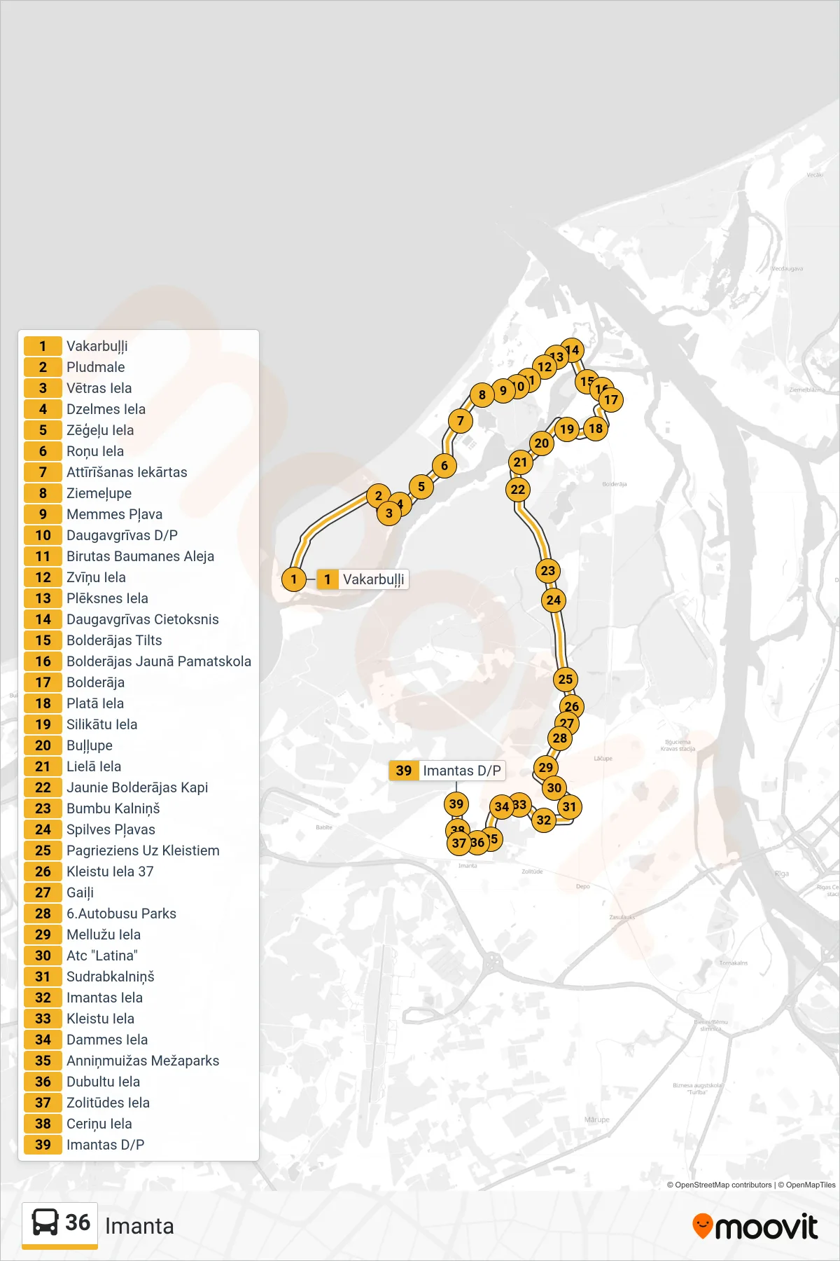 36 bus Line (Imanta) route and stops on a map