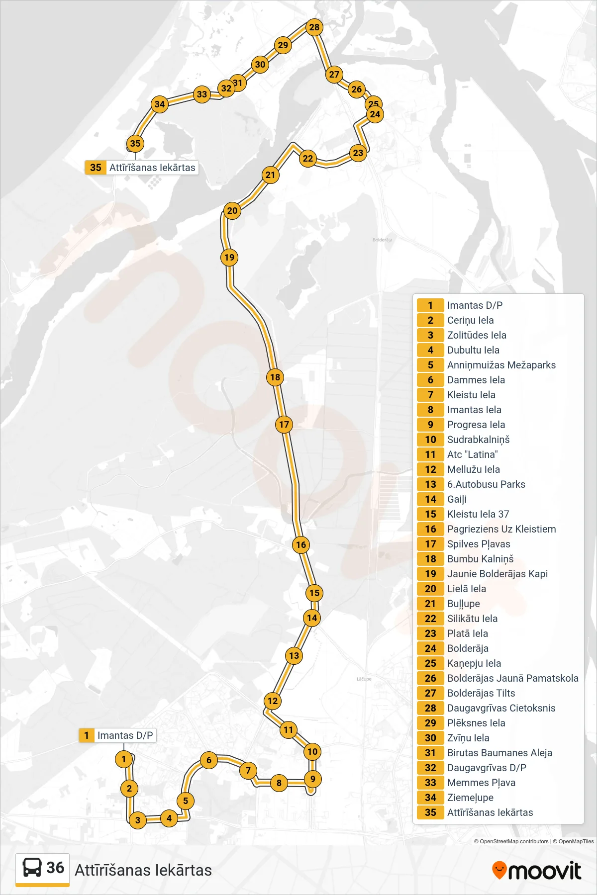 36 bus Line (Attīrīšanas Iekārtas) route and stops on a map