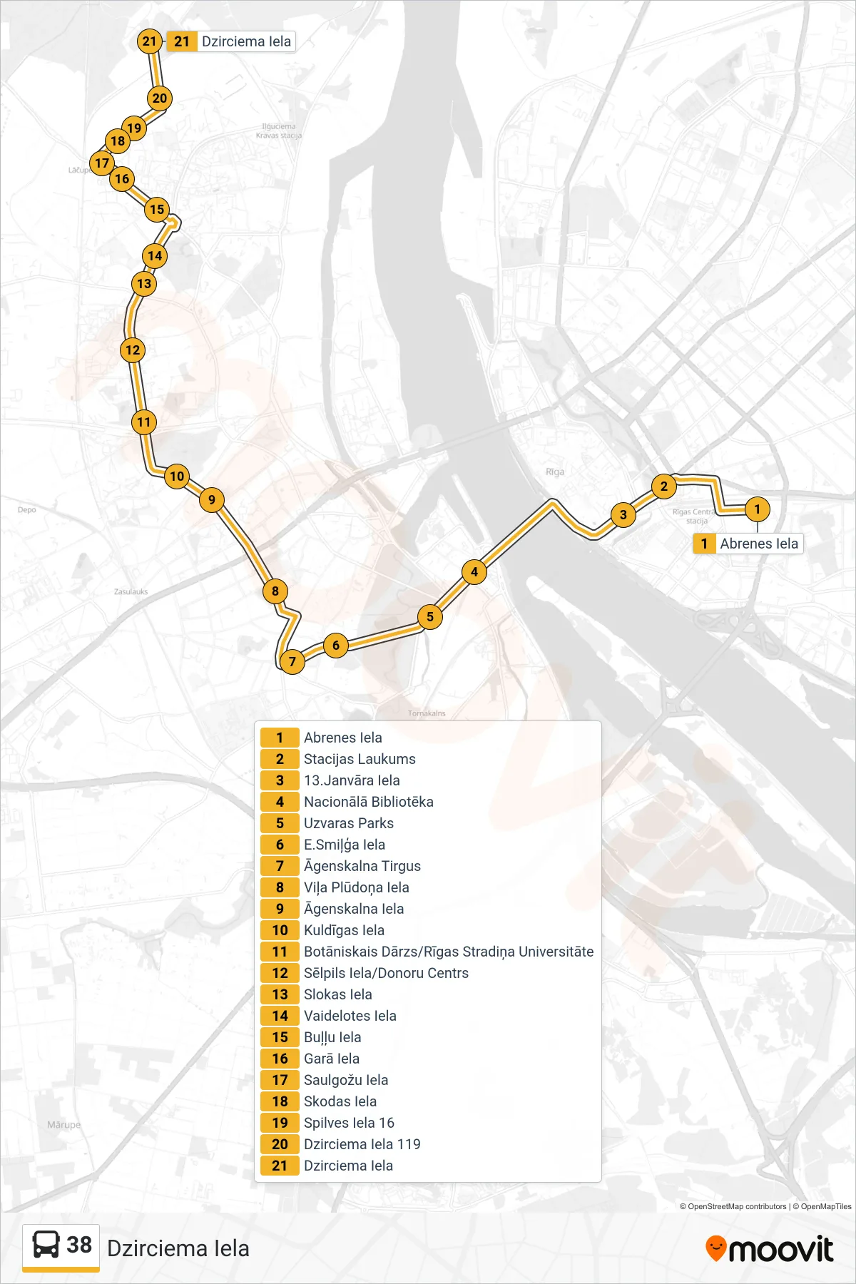 38 bus Line (Dzirciema Iela) route and stops on a map