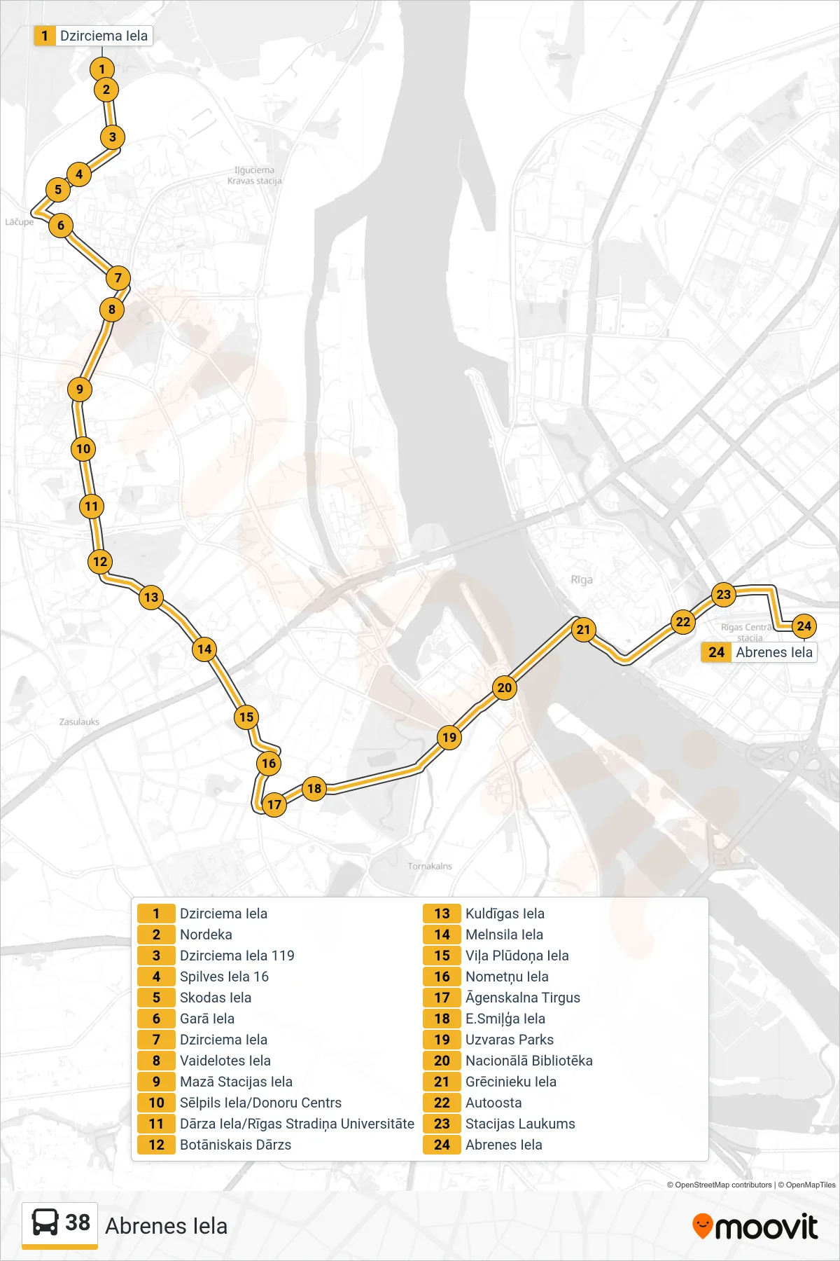 38 bus Line (Abrenes Iela) route and stops on a map