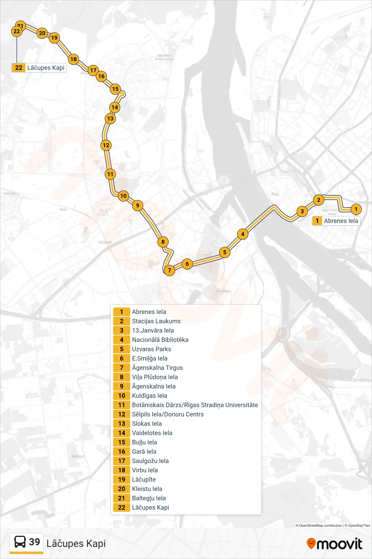 39 bus Line (Lāčupes Kapi) route and stops on a map