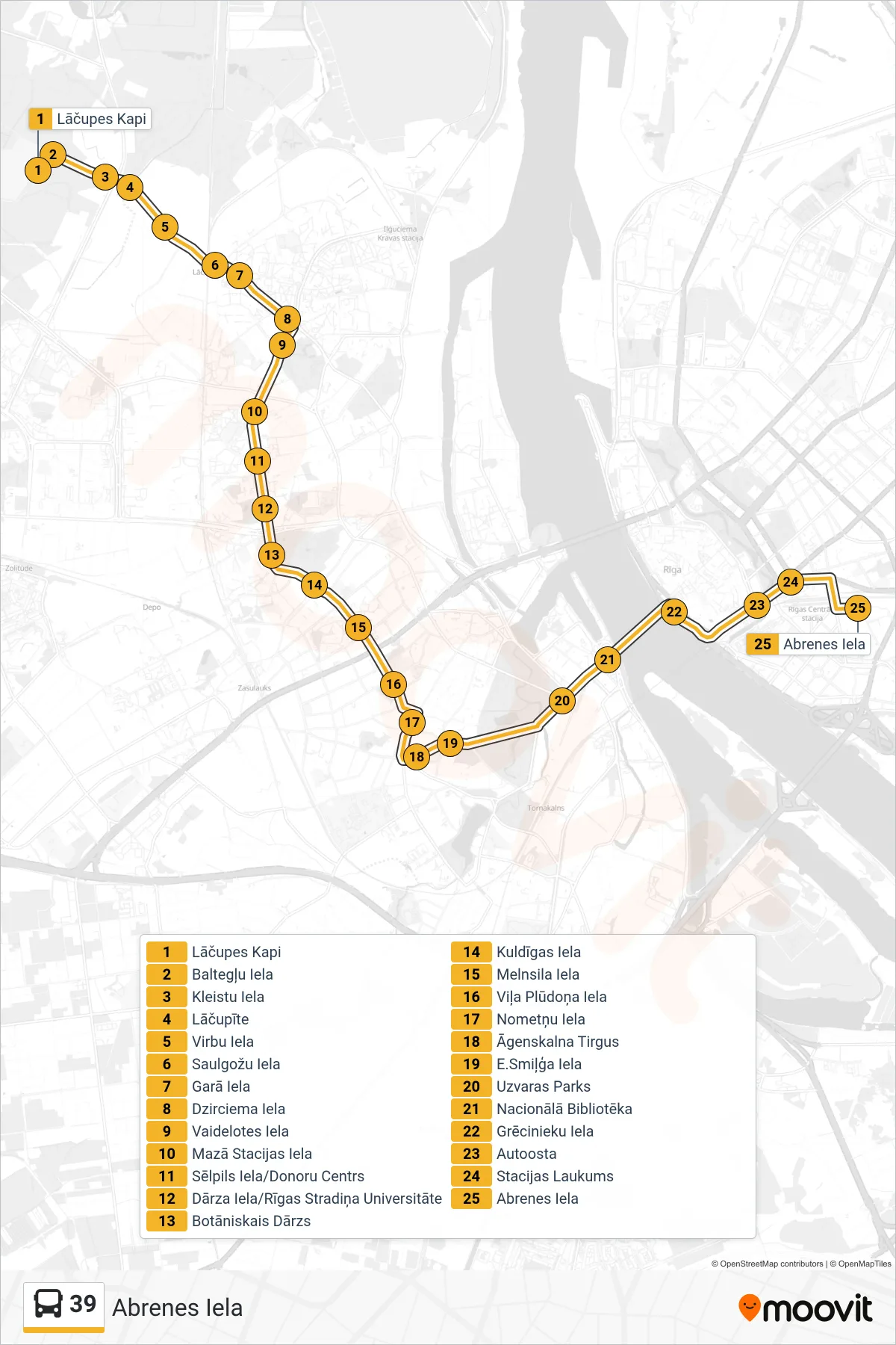 39 bus Line (Abrenes Iela) route and stops on a map