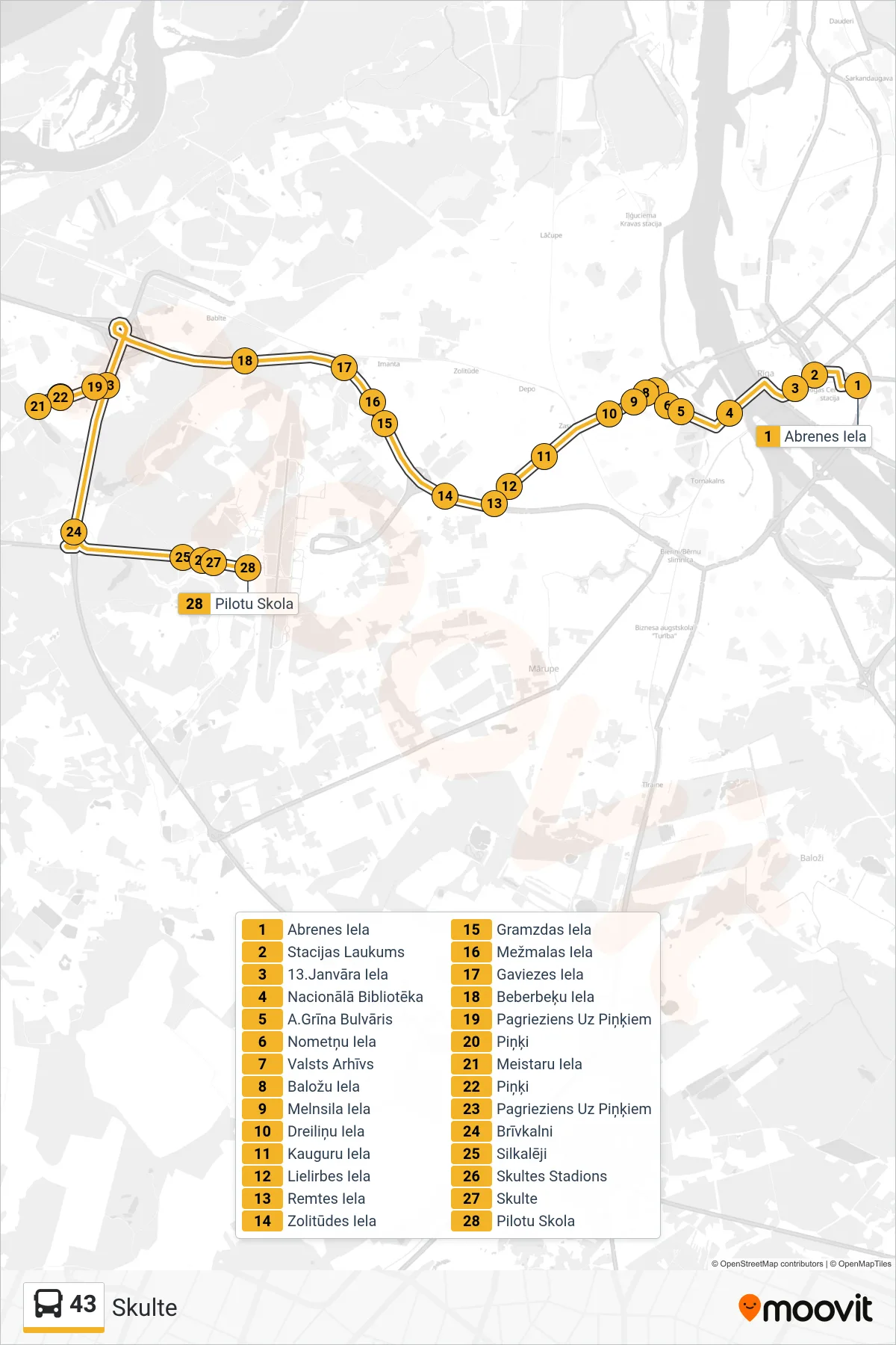 43 bus Line (Skulte) route and stops on a map