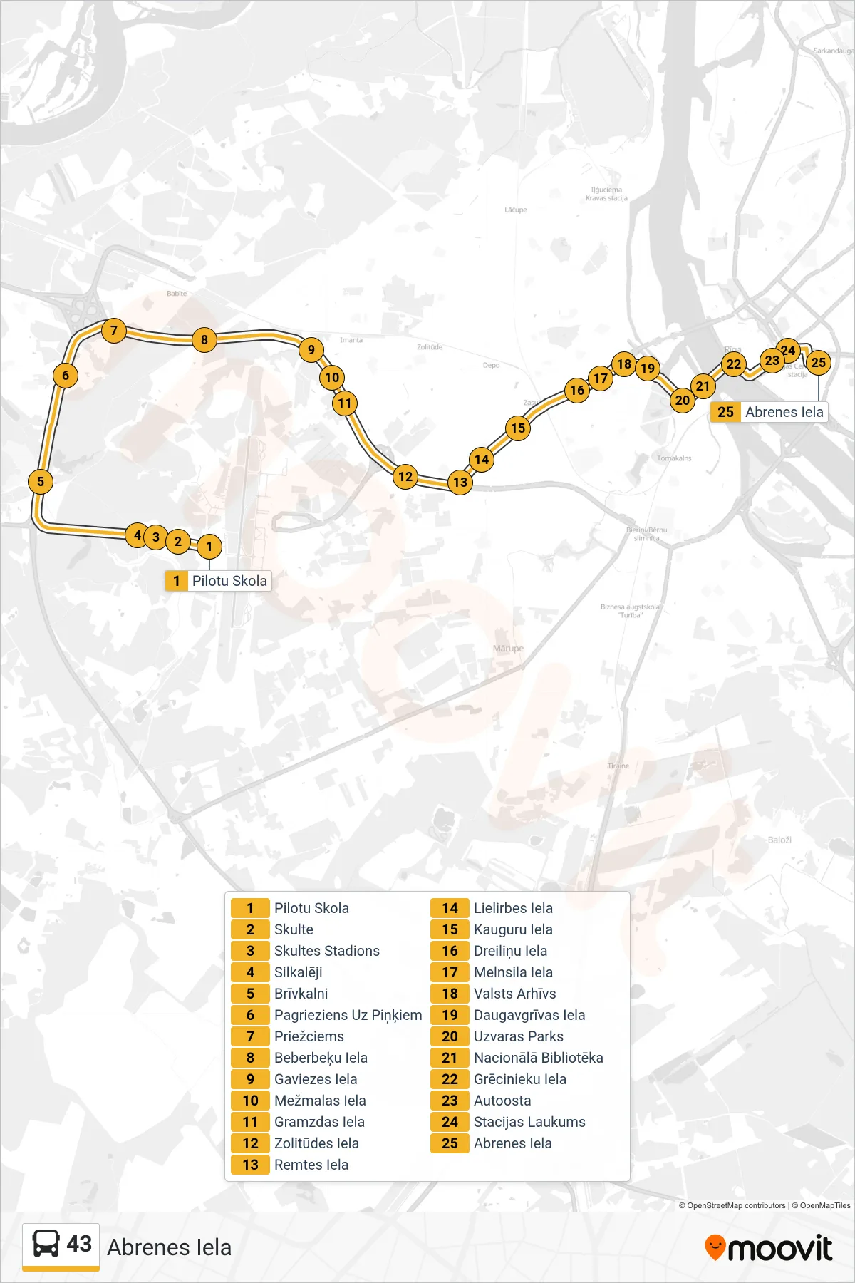 43 bus Line (Abrenes Iela) route and stops on a map