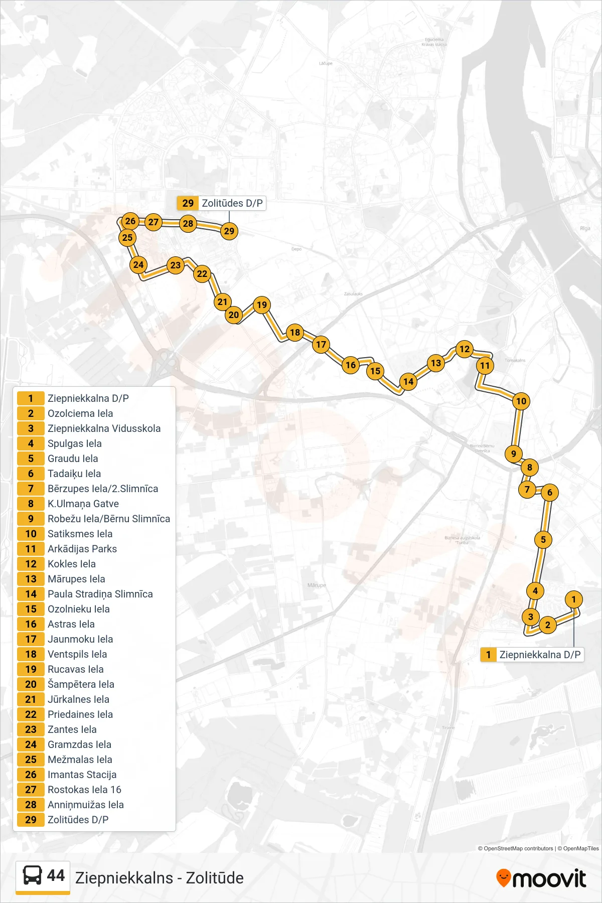 44 bus Line (Zolitūde) route and stops on a map