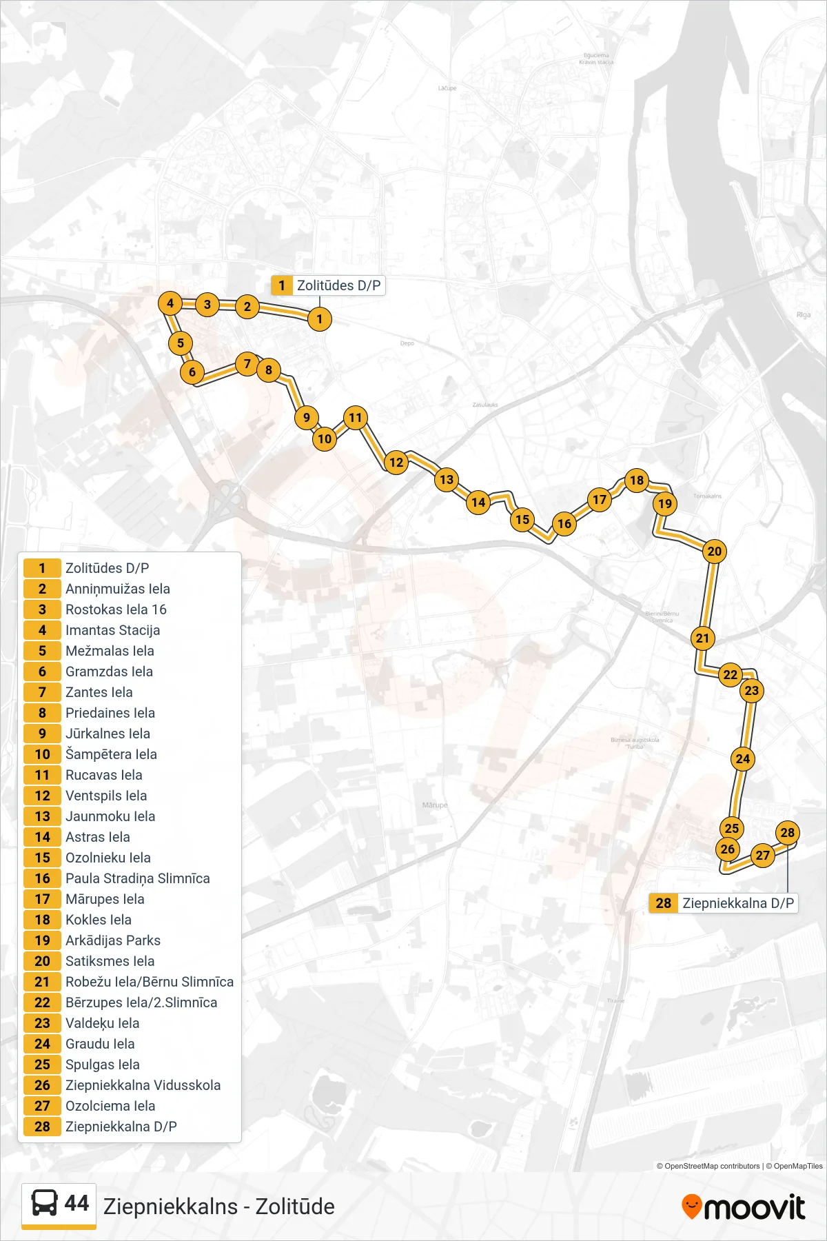 44 bus Line (Ziepniekkalns) route and stops on a map