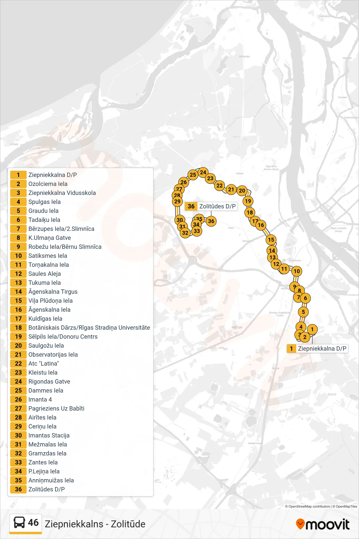 46 bus Line (Zolitūde) route and stops on a map