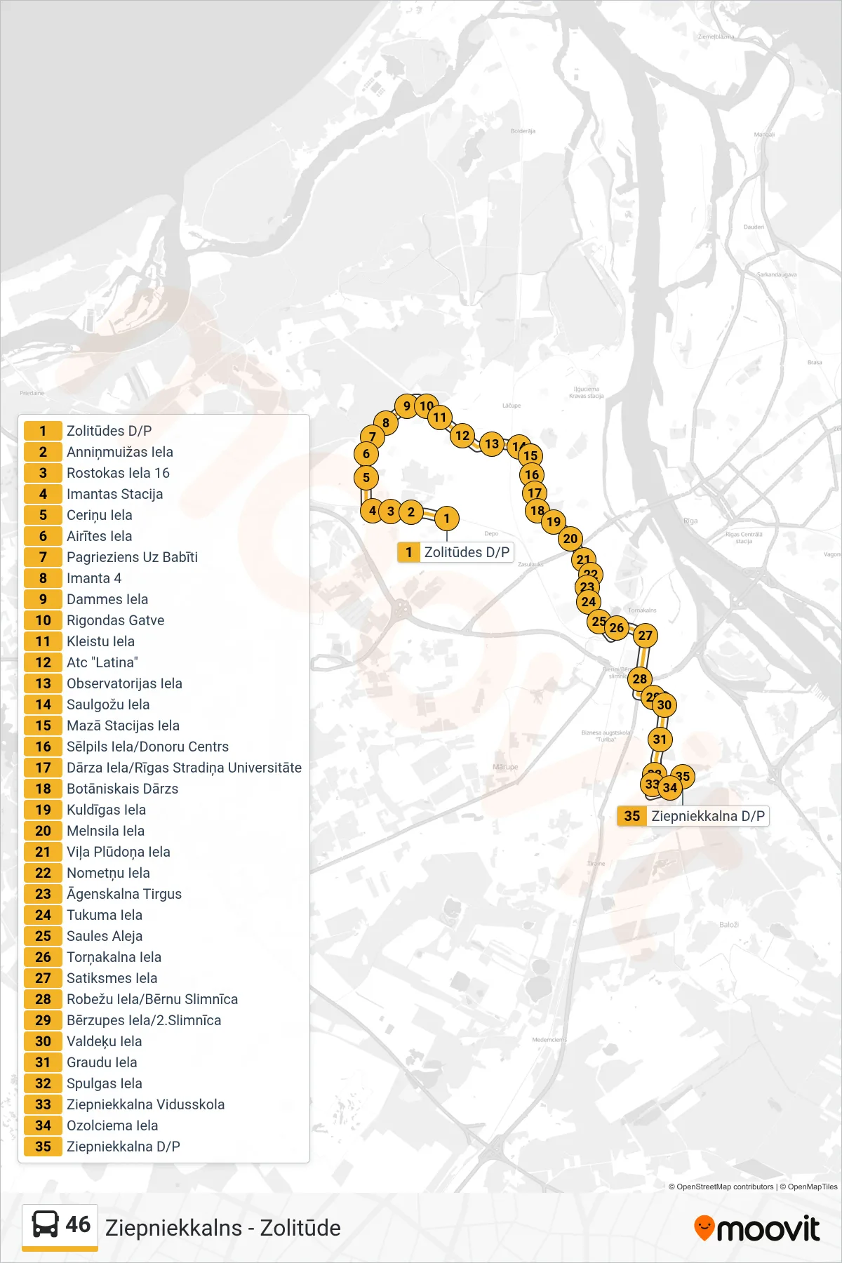 46 bus Line (Ziepniekkalns) route and stops on a map