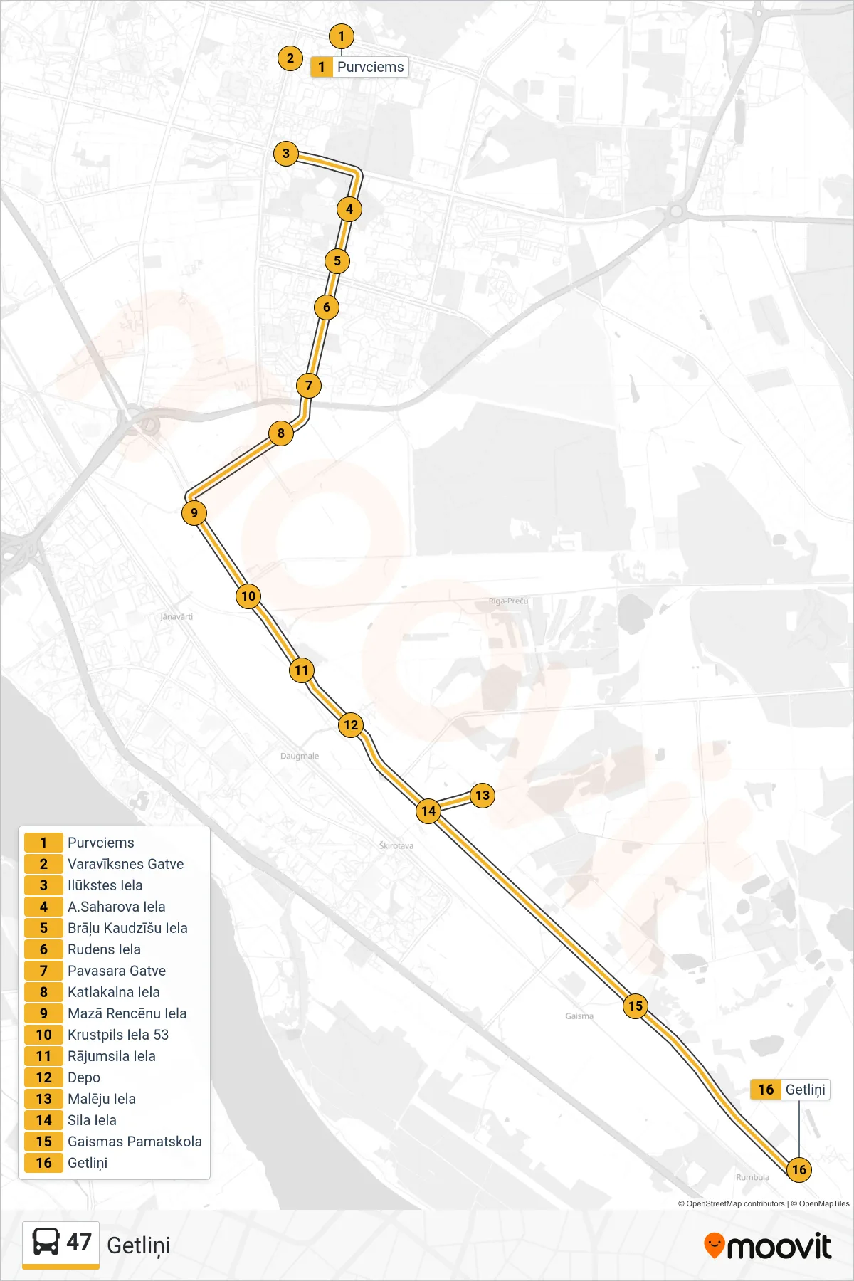 47 bus Line (Getliņi) route and stops on a map